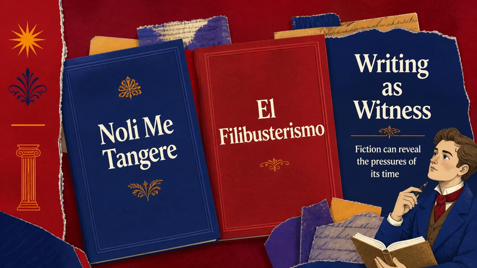 Literary works slide highlighting Noli Me Tangere and El Filibusterismo for a Rizal lesson.
