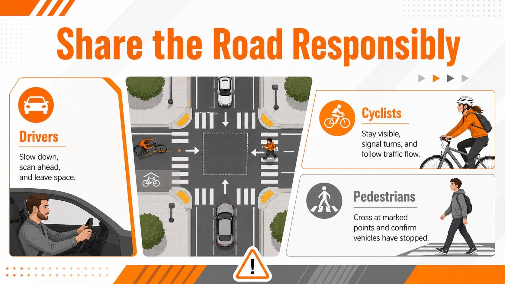 Road safety presentation for schools showing driver, cyclist, and pedestrian responsibilities in three clear sections.