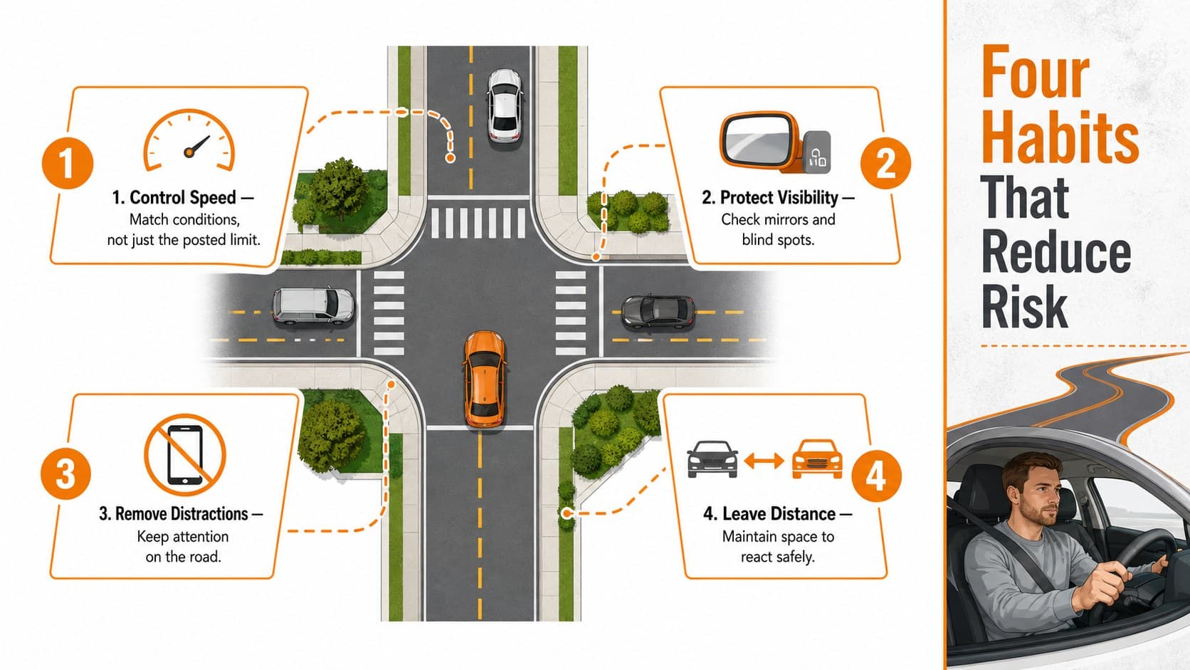 Traffic rules slide for new drivers highlighting speed, visibility, distraction, and following distance.