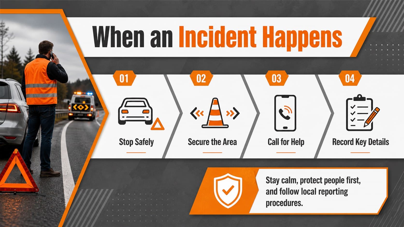 Community traffic awareness presentation slide with a clear stop, secure, report, and review incident checklist.