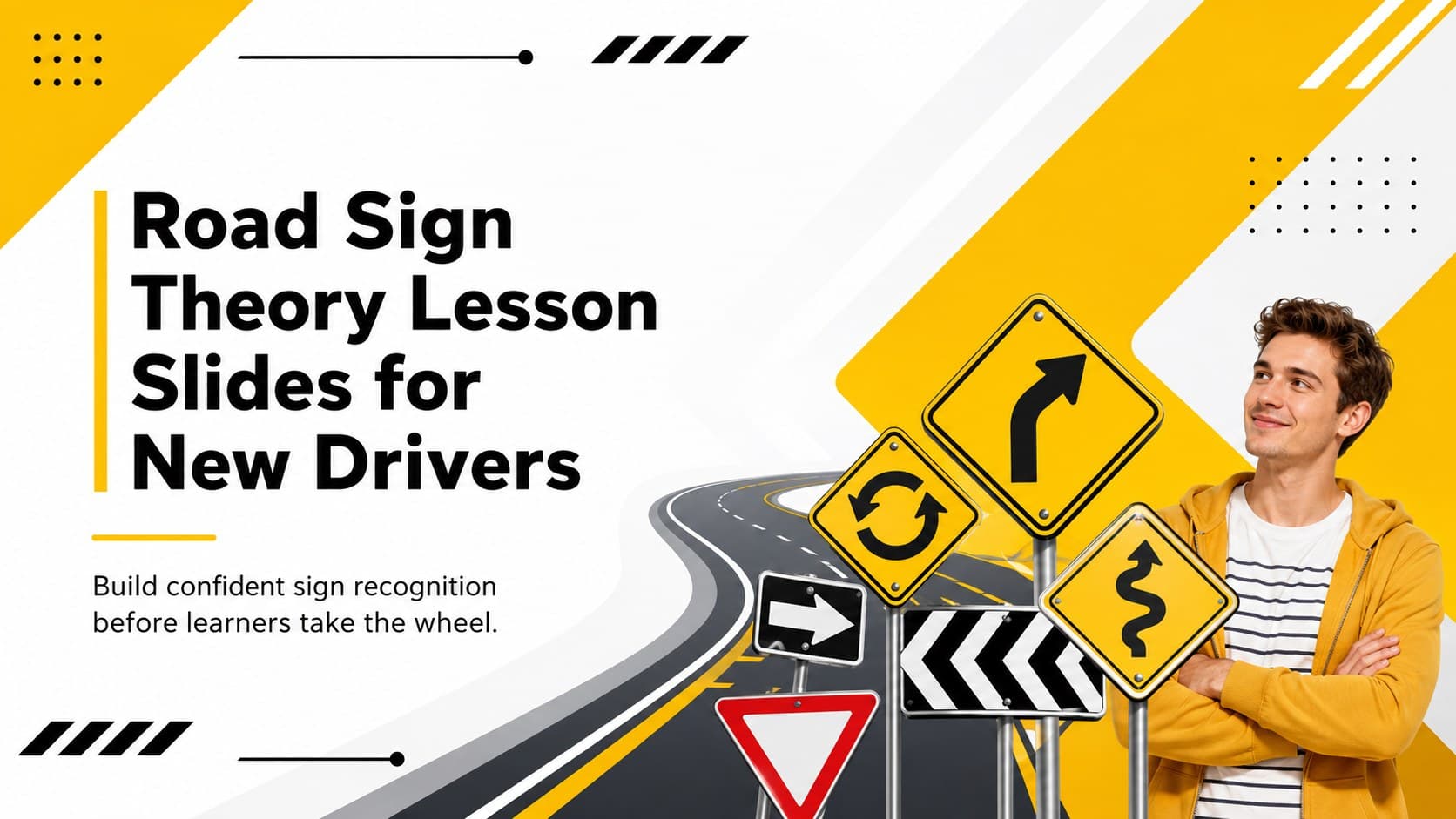 Yellow-and-white cover for Road Sign Theory Lesson Slides for New Drivers with original road symbol illustrations.