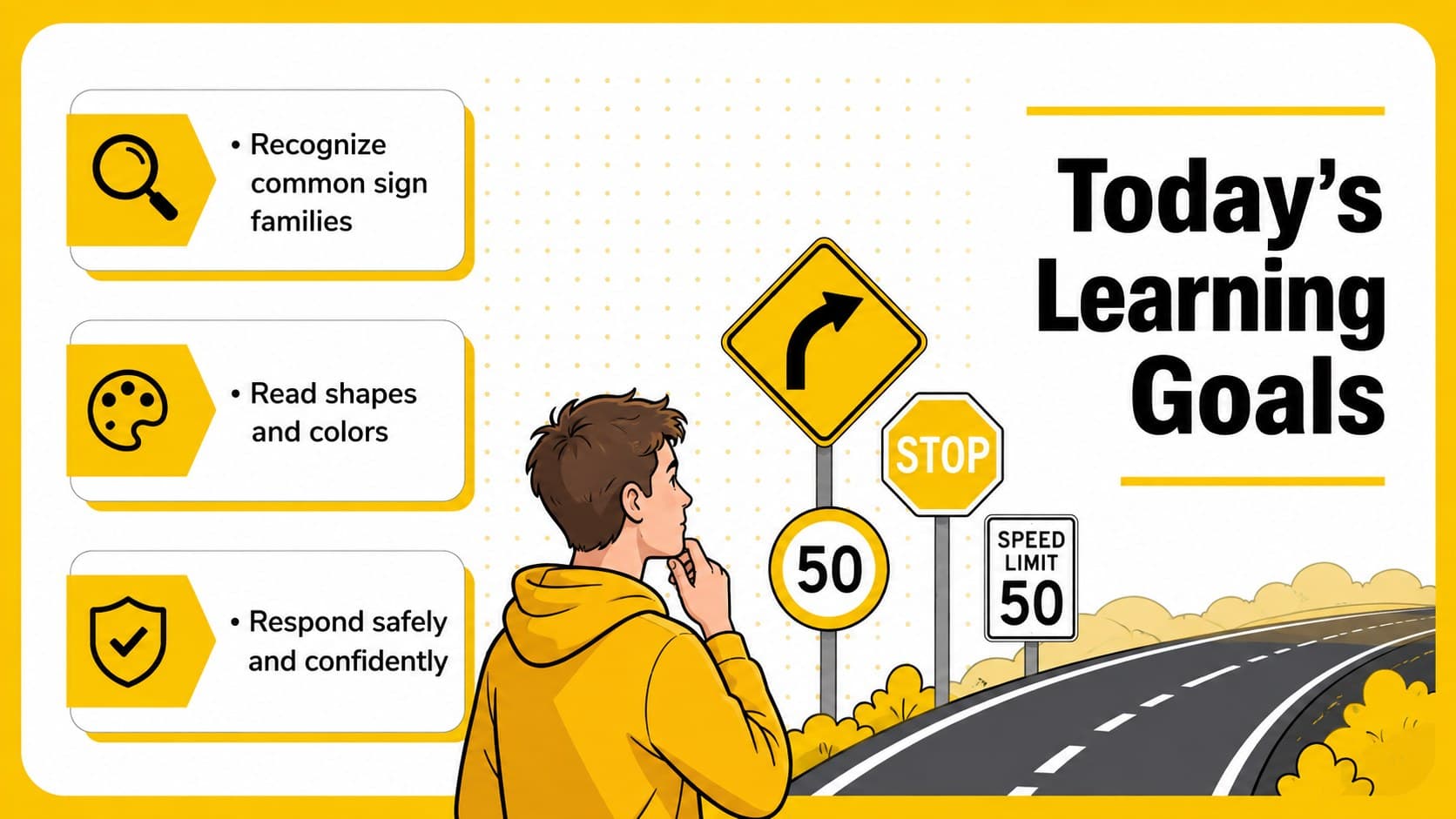 Driver education lesson objectives slide outlining road sign recognition and safe decision-making goals.