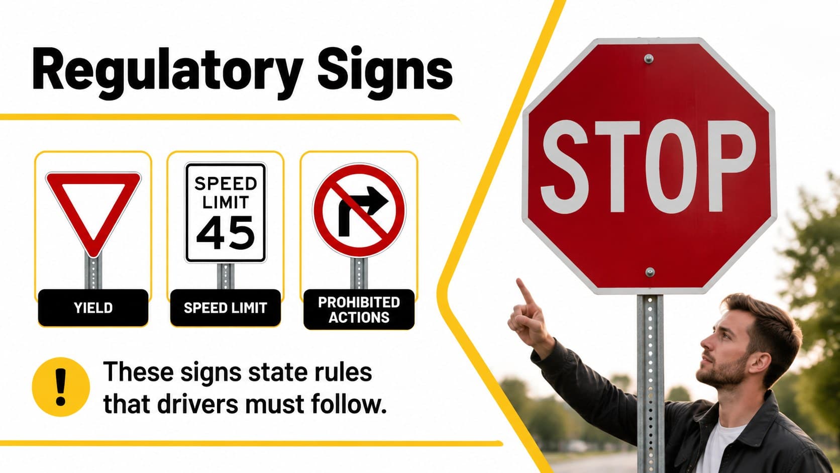 Driver education slide comparing stop, yield, speed limit, and prohibited-action regulatory signs.