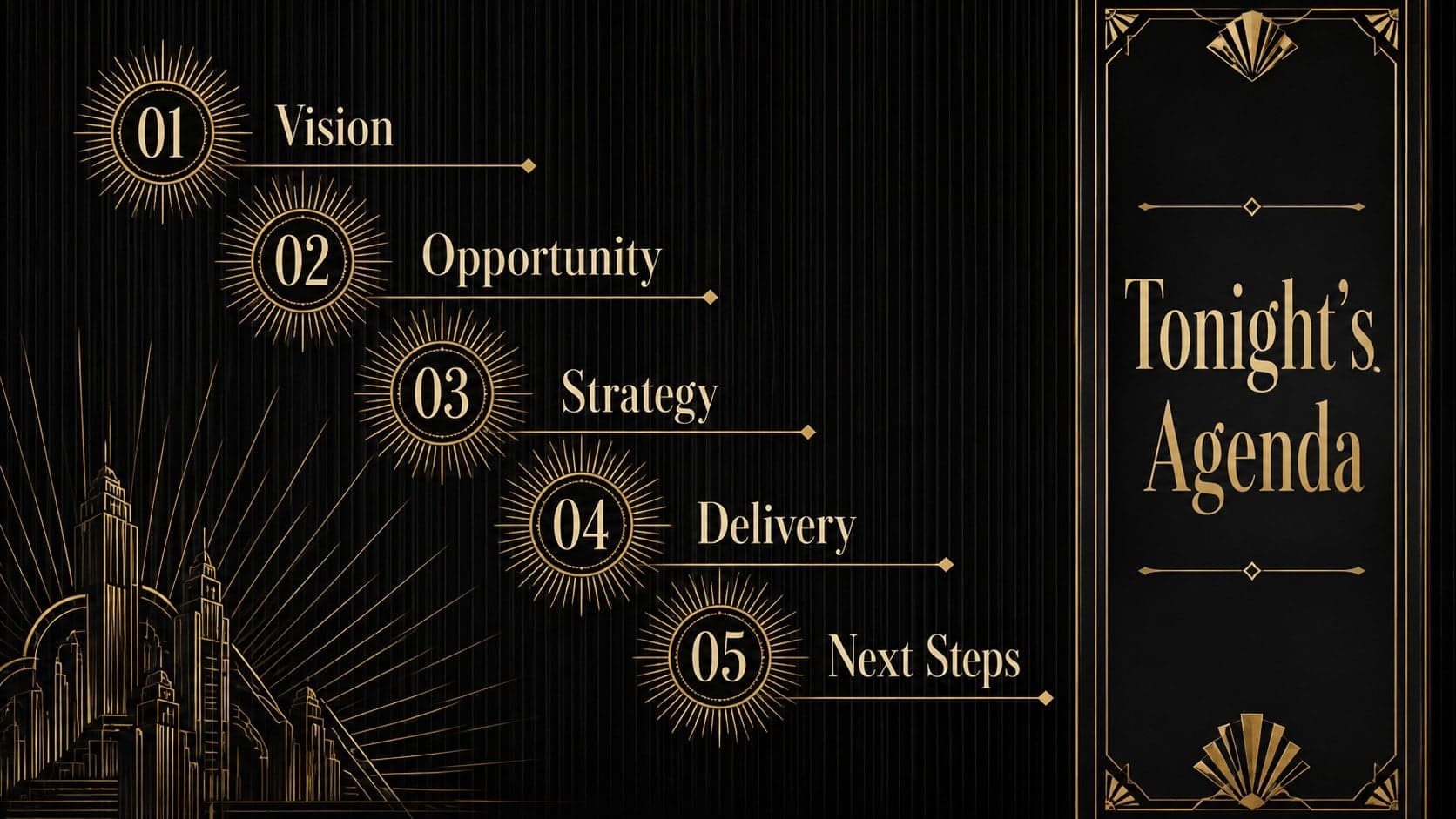 Black and gold Art Deco agenda slide outlining five sections of a business presentation.