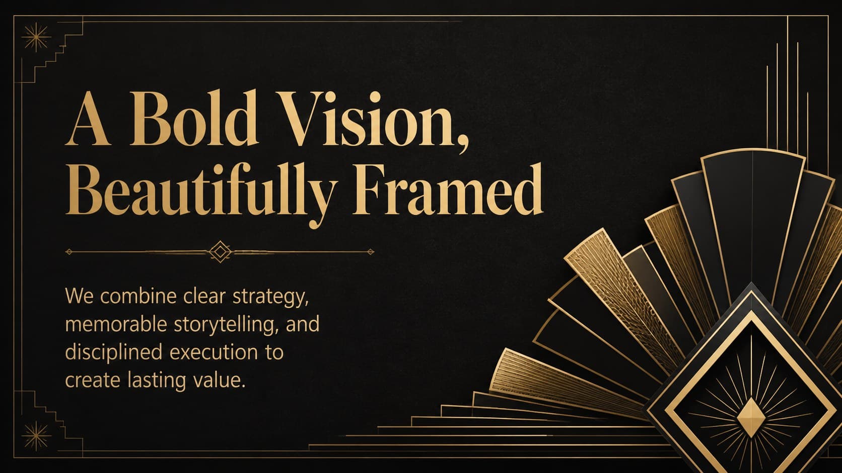 Roaring Twenties marketing presentation slide introducing a bold business vision with gold fan details.