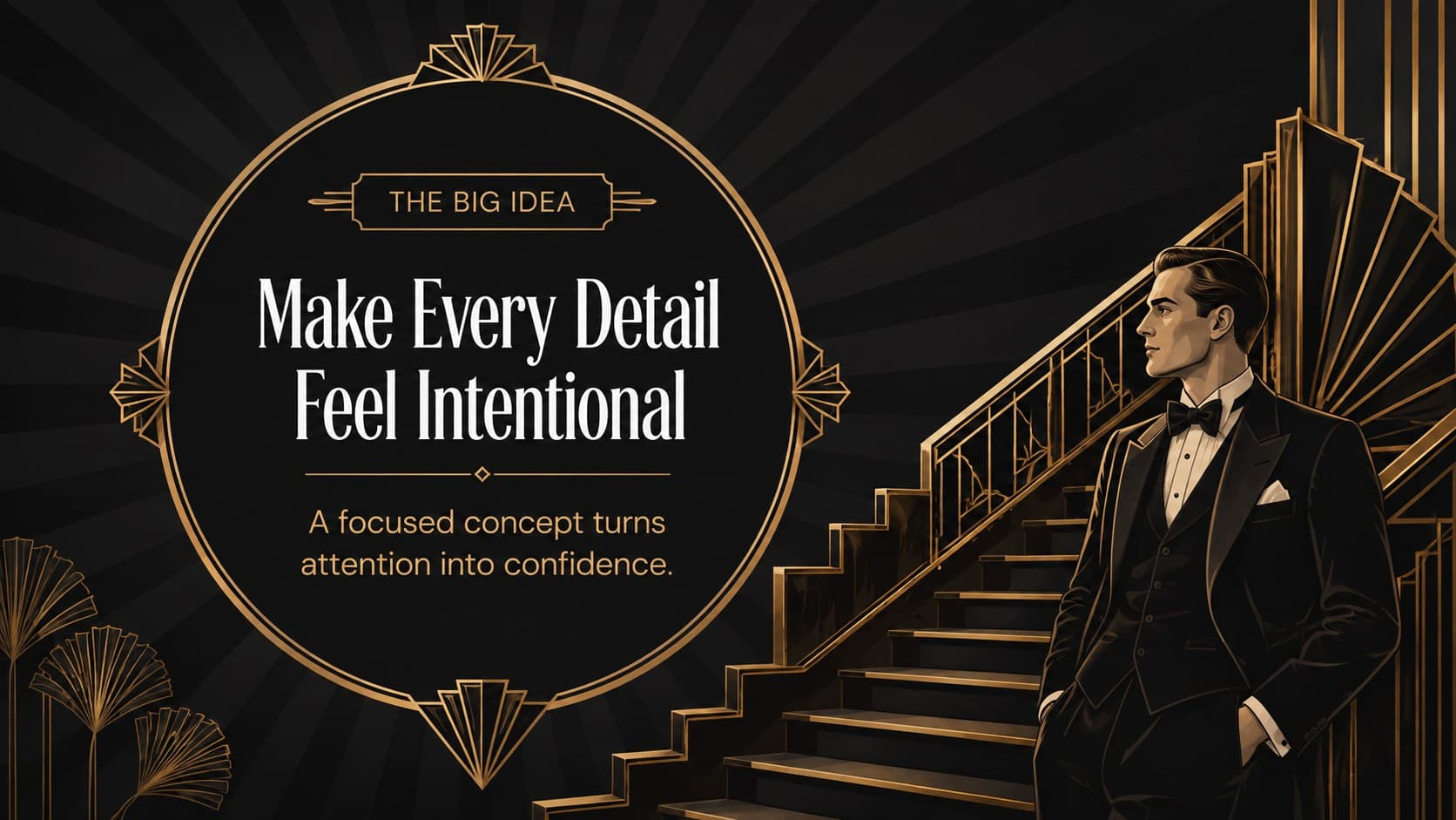 Luxury vintage proposal presentation slide displaying a large business idea in a framed black-and-gold layout.