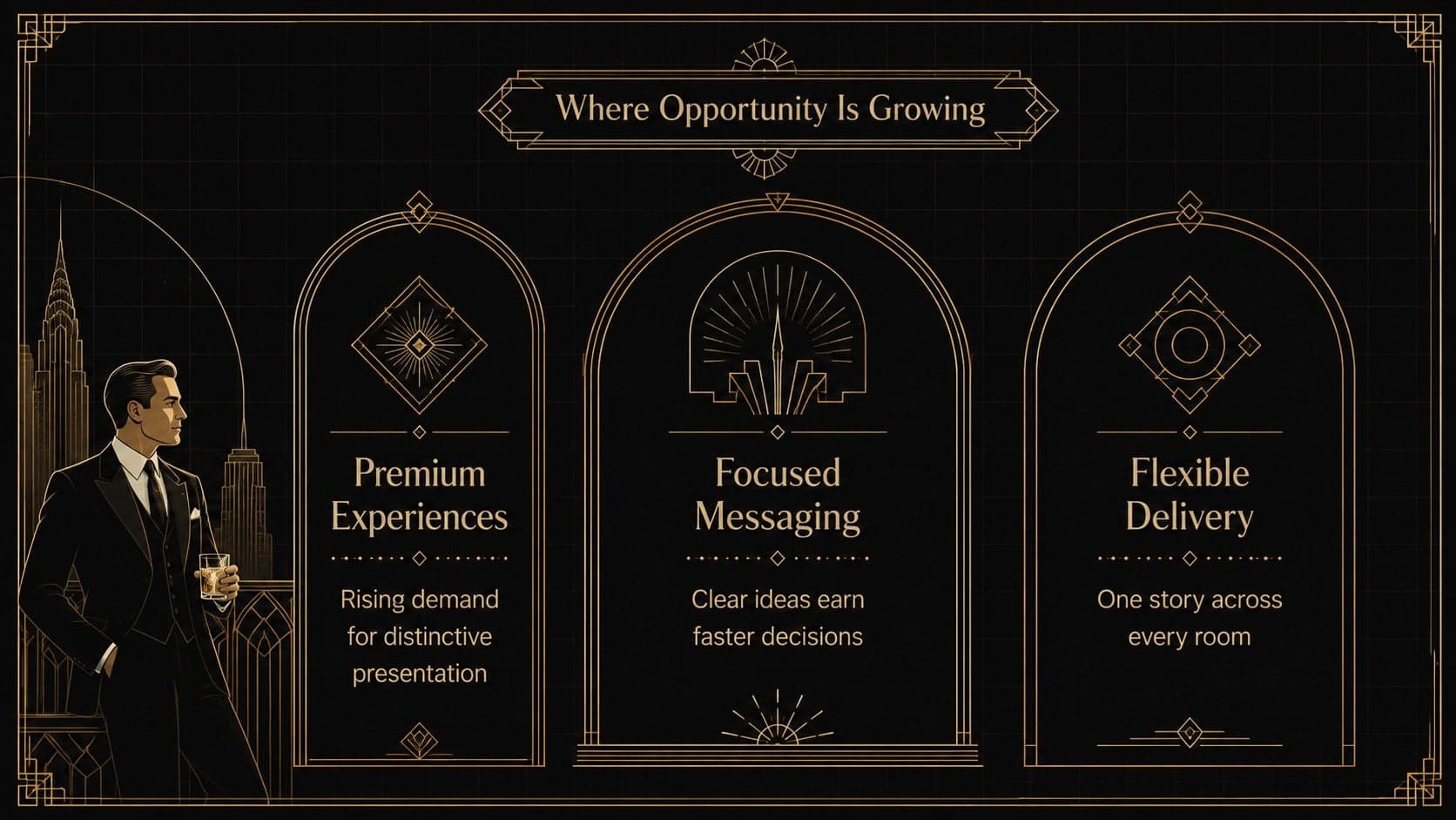 Black and gold pitch deck template slide comparing market opportunities across three elegant columns.