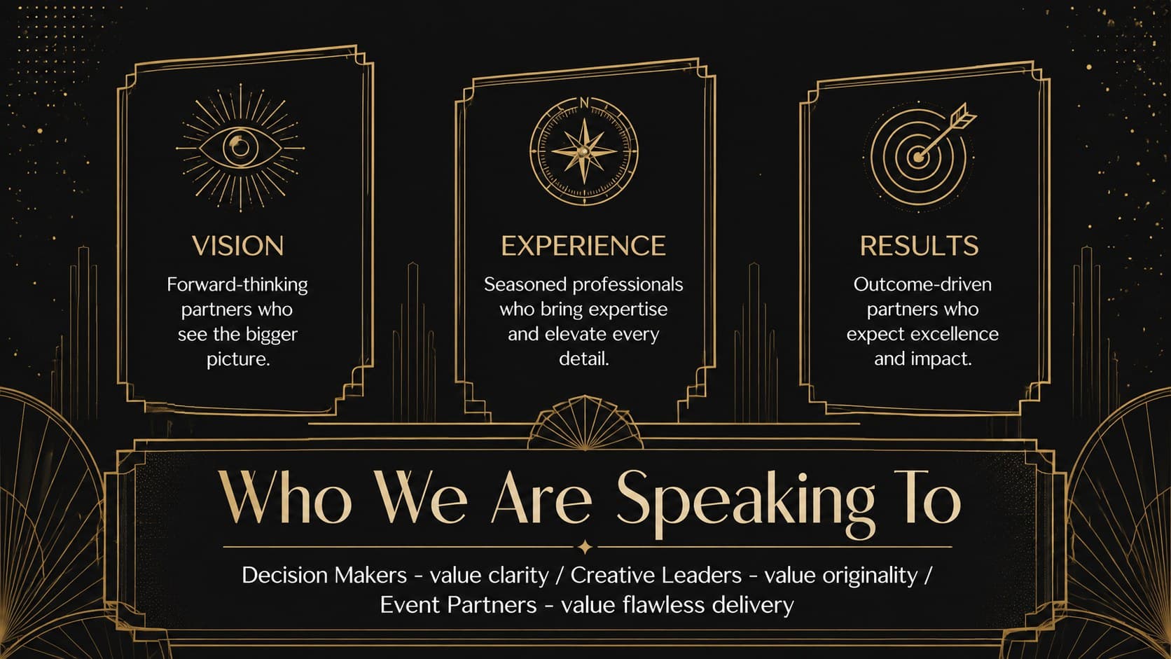 Roaring Twenties audience profile slide with three customer segments and geometric gold icons.