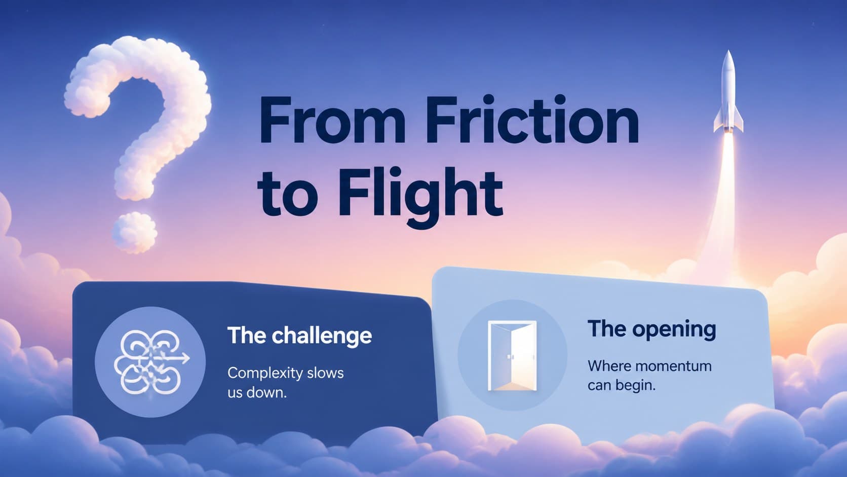 Problem and opportunity slide for an innovation project launch slide deck with contrasting sky panels.