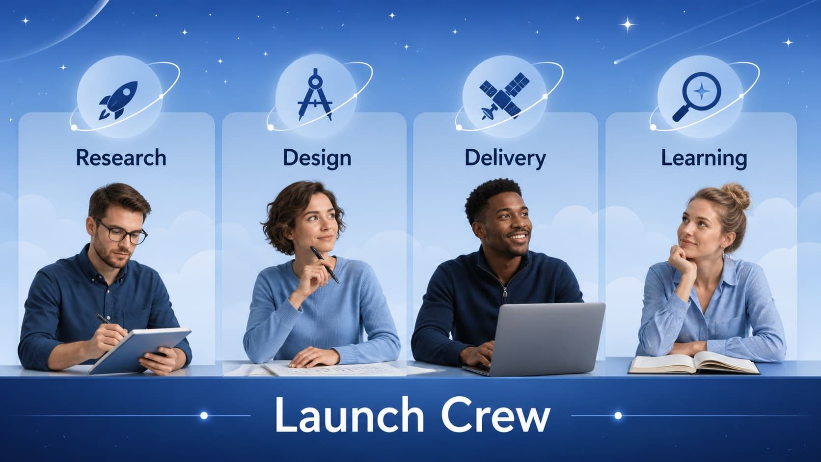 Team roles slide presenting a launch crew for a rocket themed classroom presentation.
