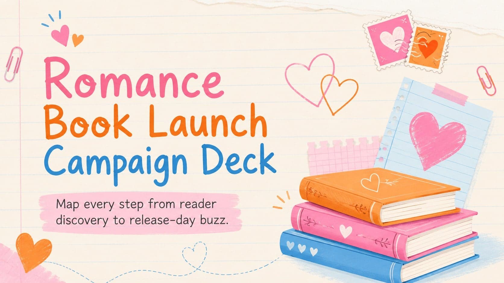 Cover of the Romance Book Launch Campaign Deck with colorful hearts and playful publishing-themed decorations.