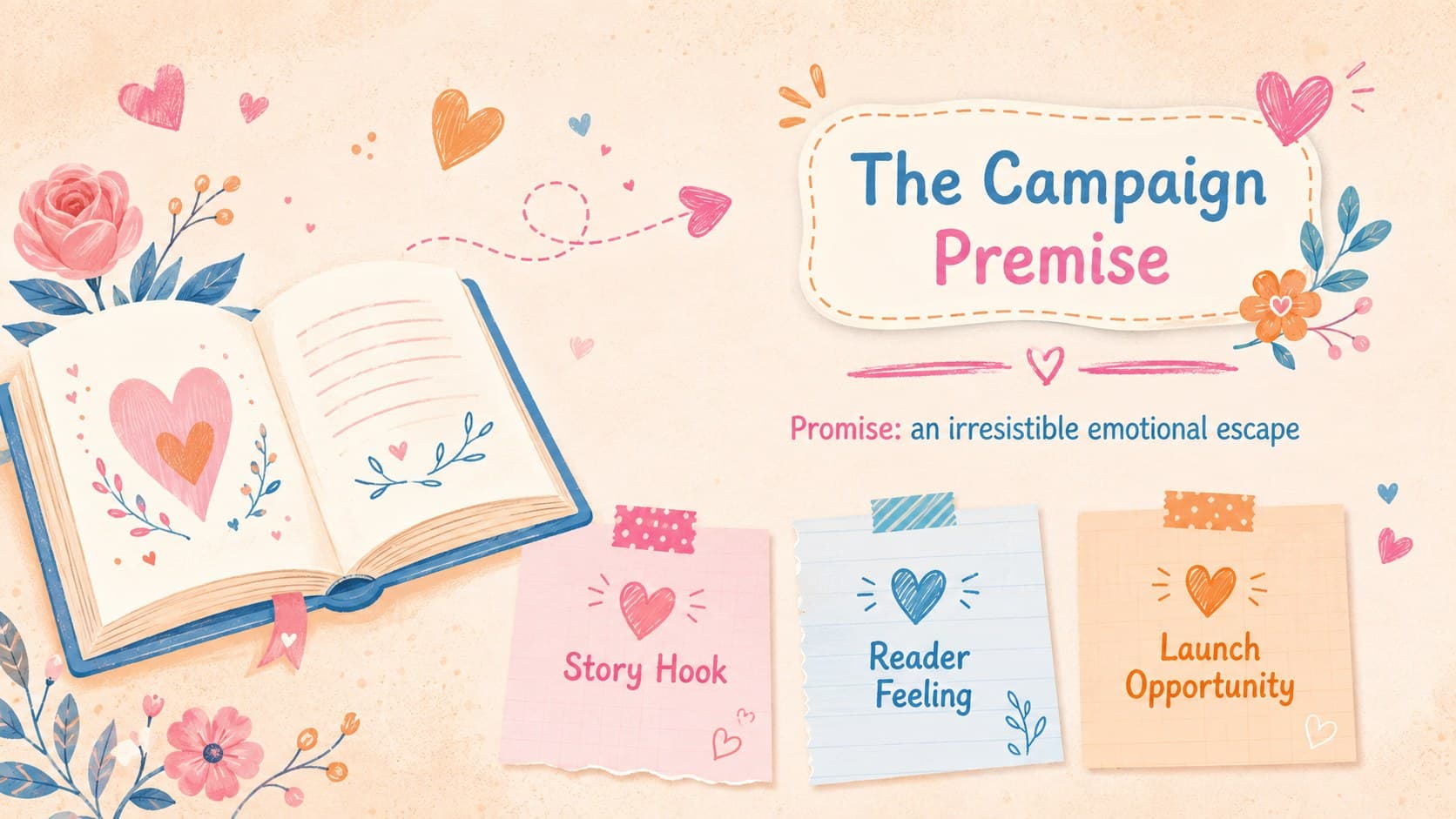 Romance author launch strategy slide outlining the campaign premise and central reader promise.