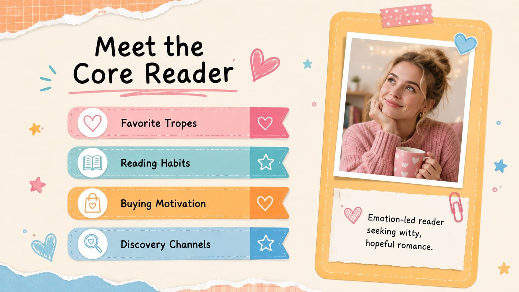 Romance reader persona slides showing audience interests, habits, motivations, and discovery channels.