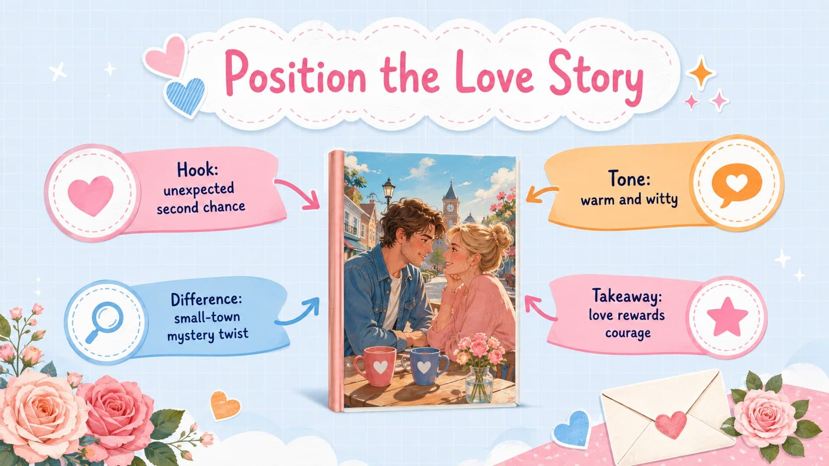 Book release campaign presentation slide defining the novel's hook, tone, difference, and reader takeaway.