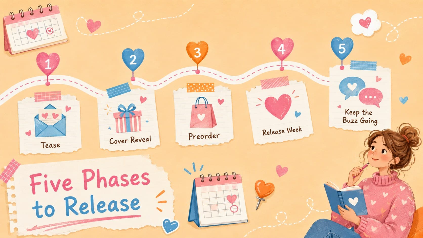 Book launch timeline slide mapping teaser, reveal, preorder, release week, and follow-up campaign phases.
