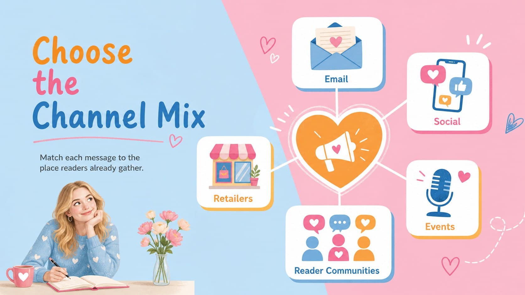 Book launch social media plan comparing email, social, retailer, community, and event channels.