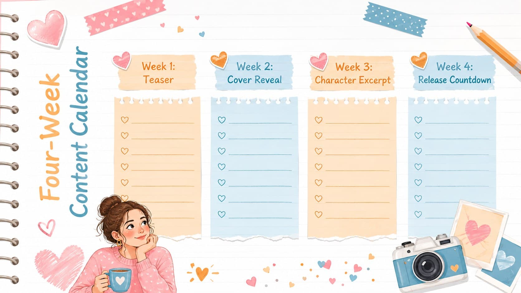 Romance novel promotion calendar organizing weekly teasers, reveals, excerpts, and release content.