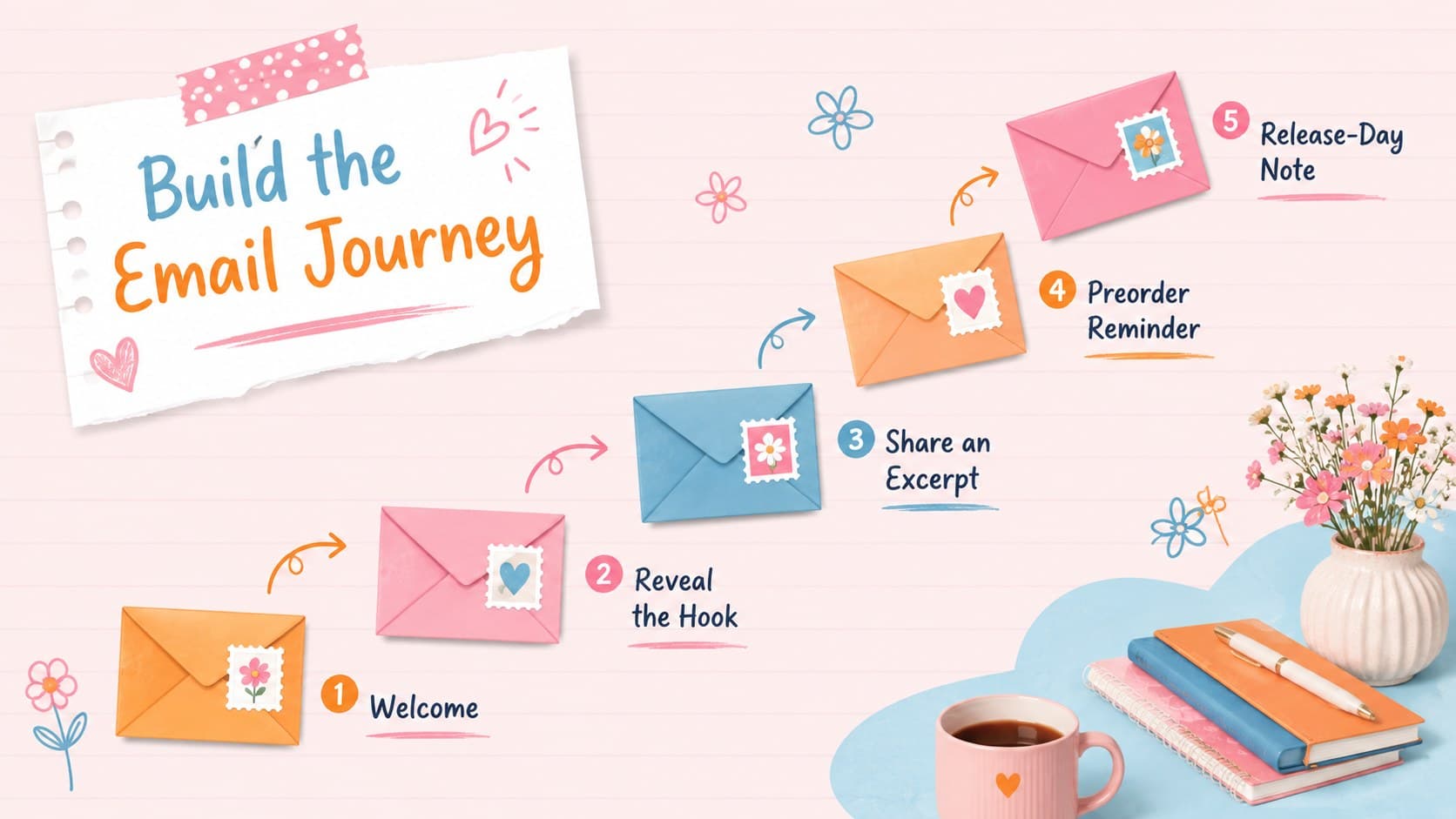 Book preorder marketing slides showing a reader email sequence from welcome through release-day follow-up.