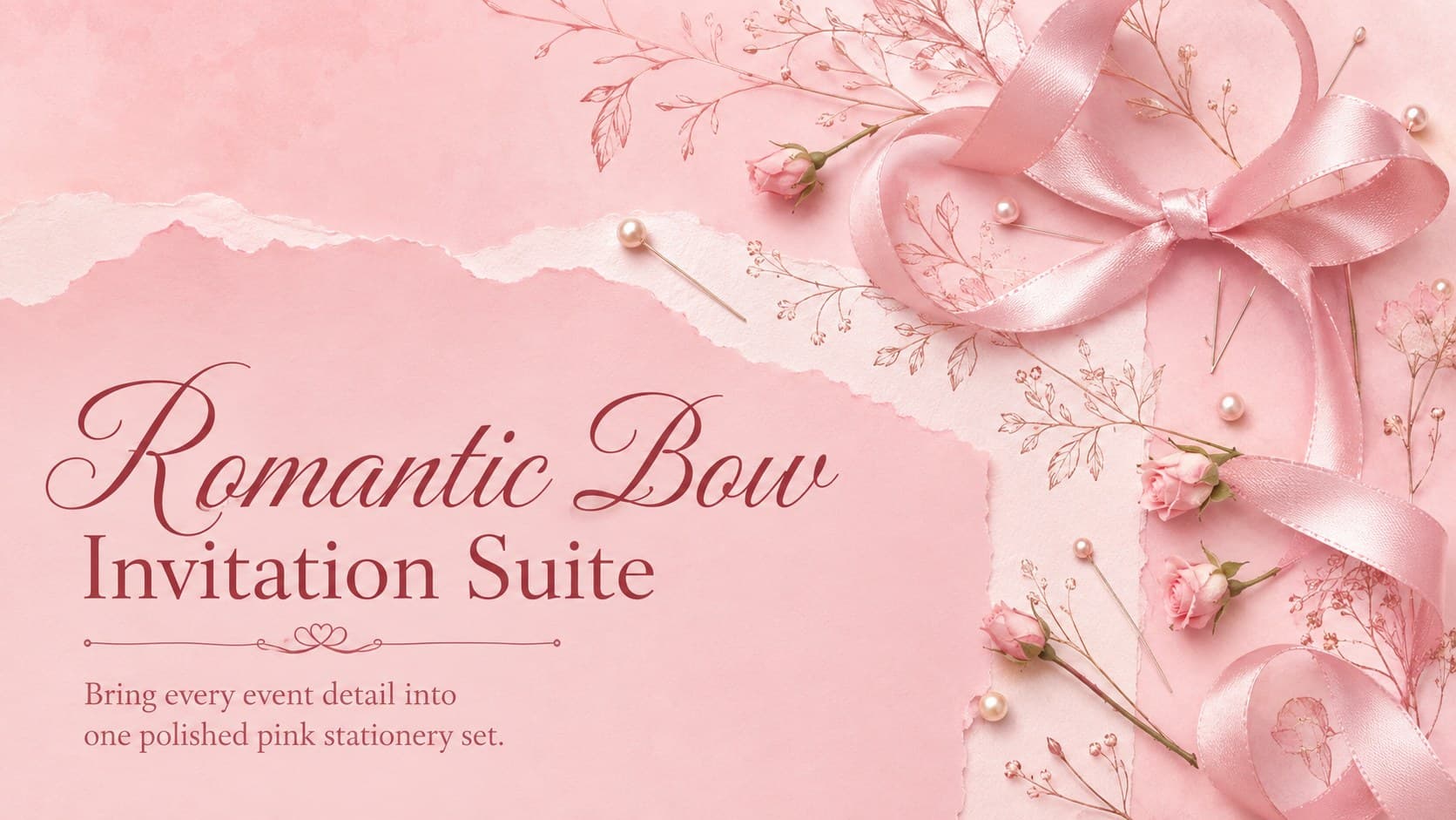 Cover of the Romantic Bow Invitation Suite with pink ribbons, delicate flowers, and vintage paper details.