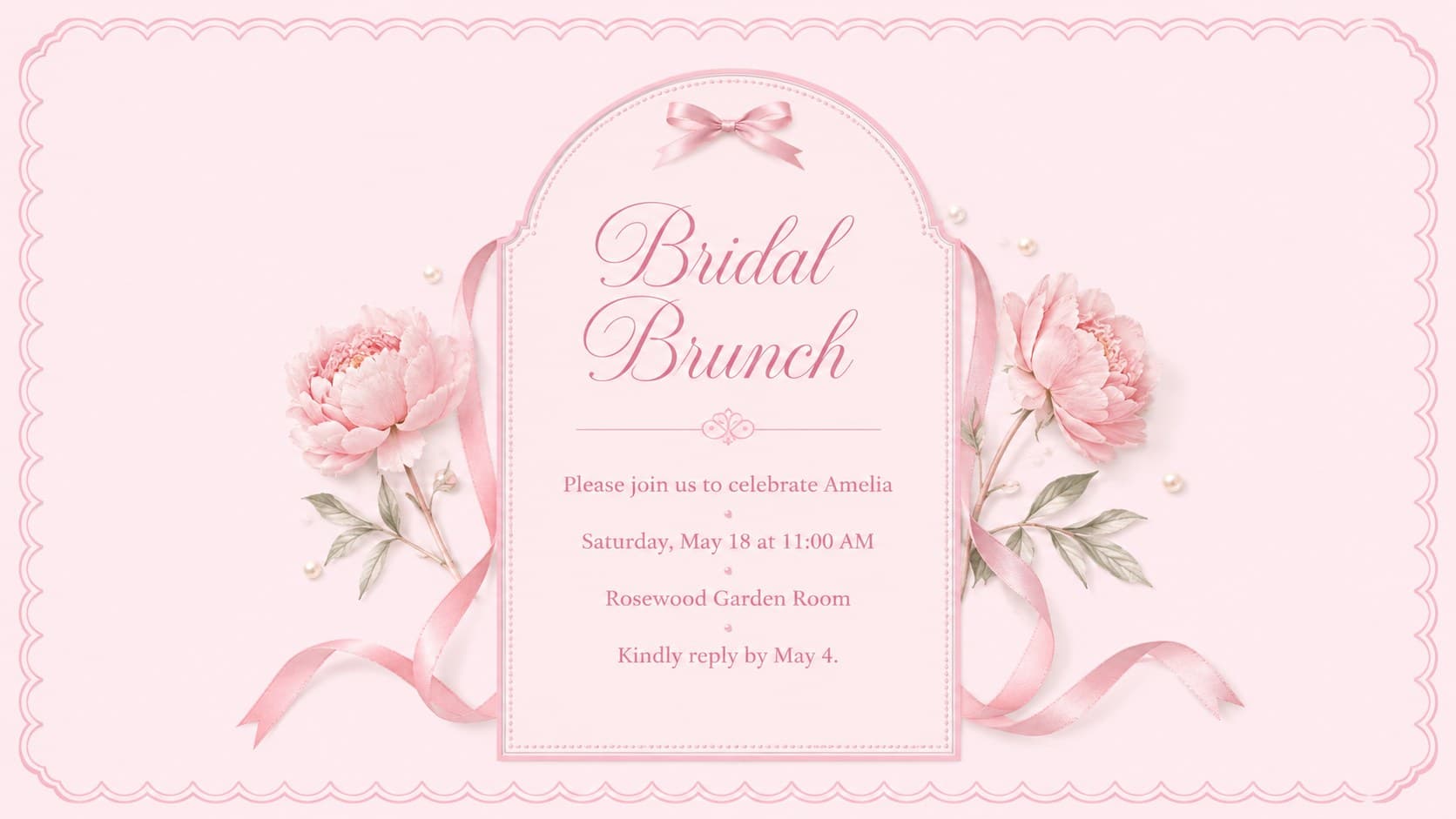 Editable pink bow invitation for a bridal brunch with floral corners and refined event details.