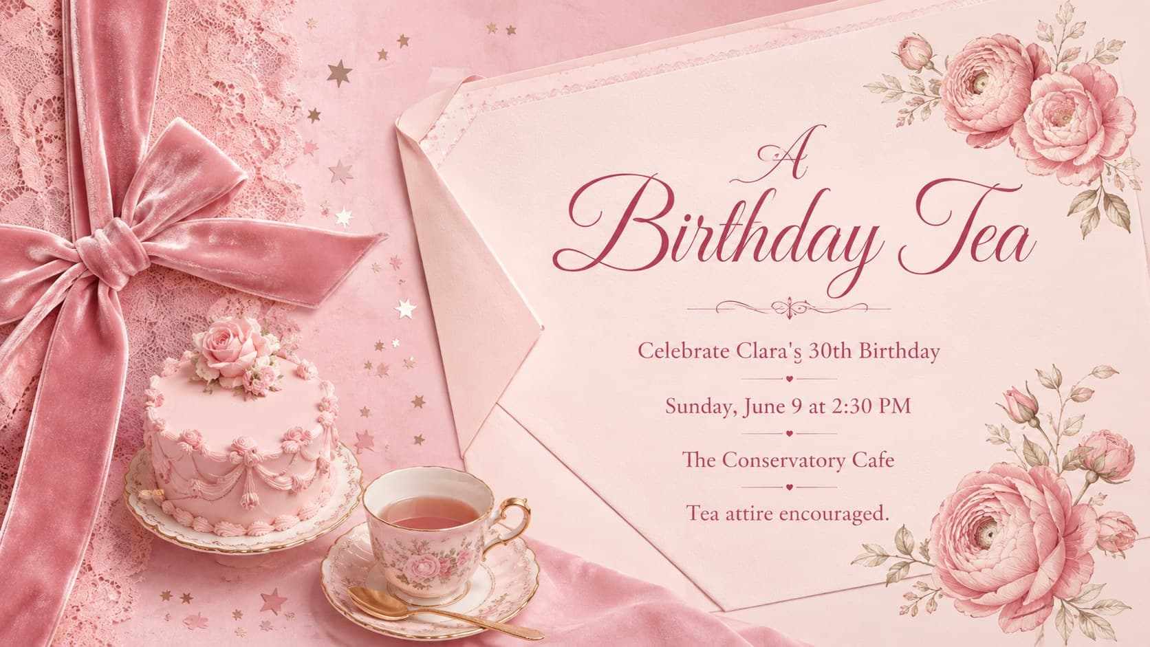 Coquette birthday invitation template featuring a blush envelope motif, bows, and delicate floral accents.