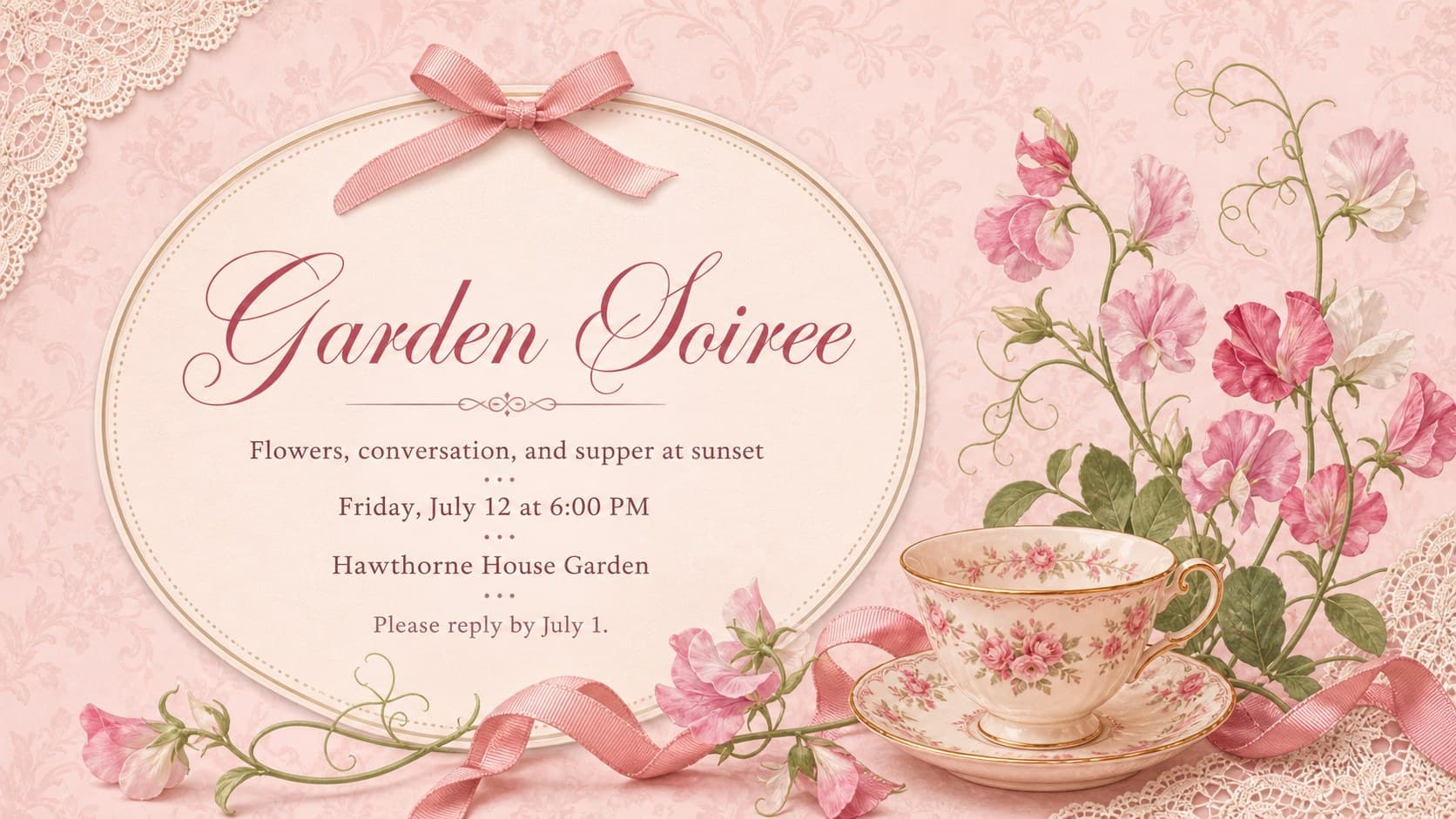 Romantic garden party invitation slide with pink roses, ribbon details, and an elegant oval text frame.