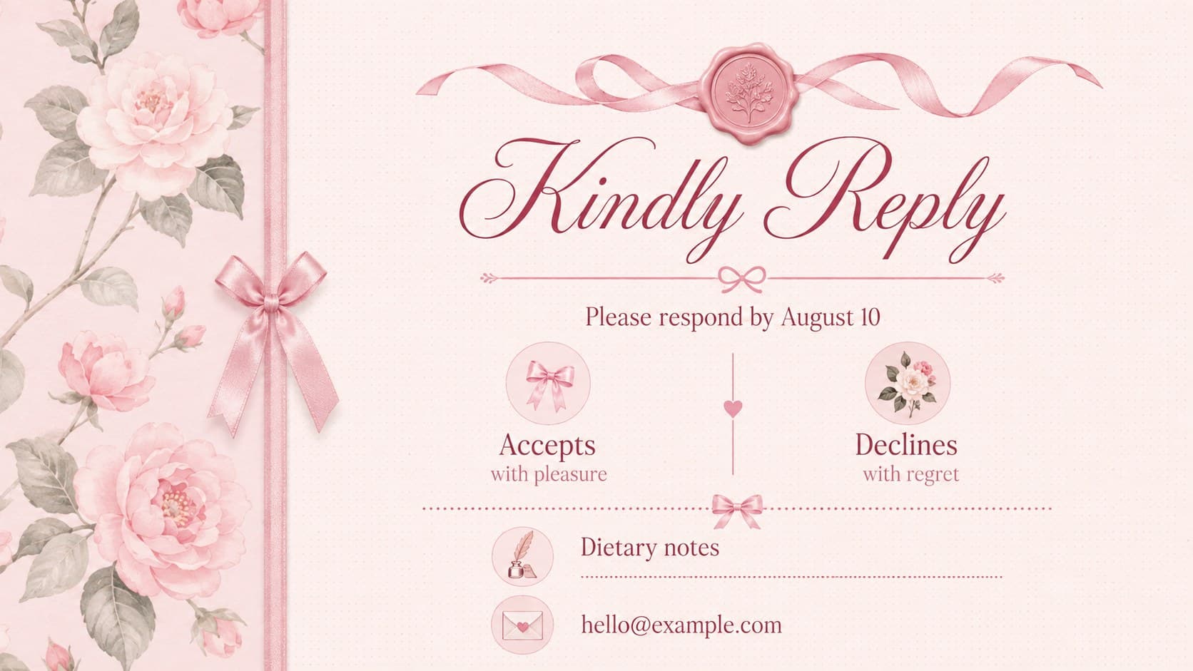 Pink RSVP details card from a romantic event invitation suite with ribbon dividers and floral decoration.