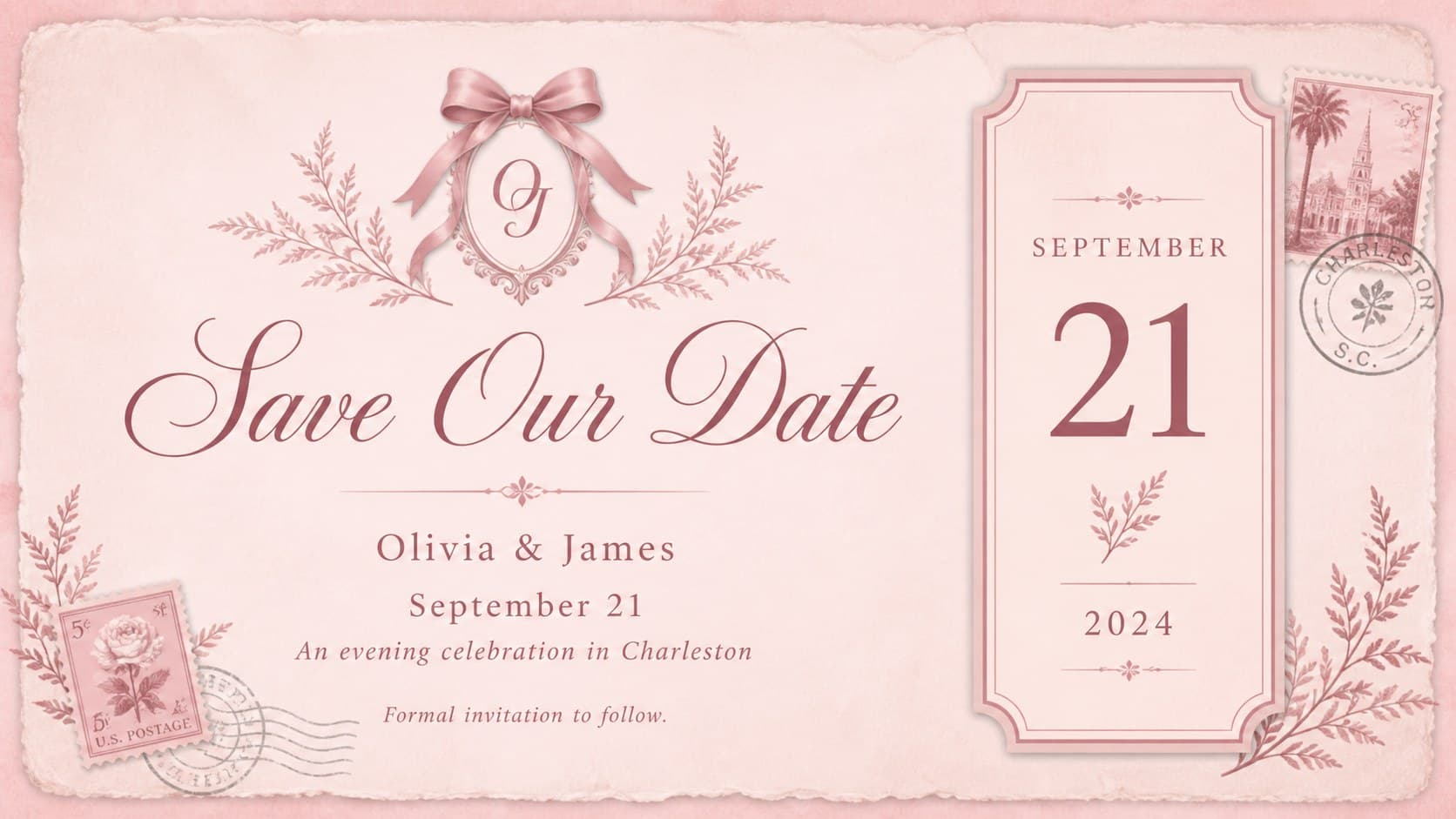 Elegant pink save-the-date invitation with a vintage frame, satin bow, and botanical accents.