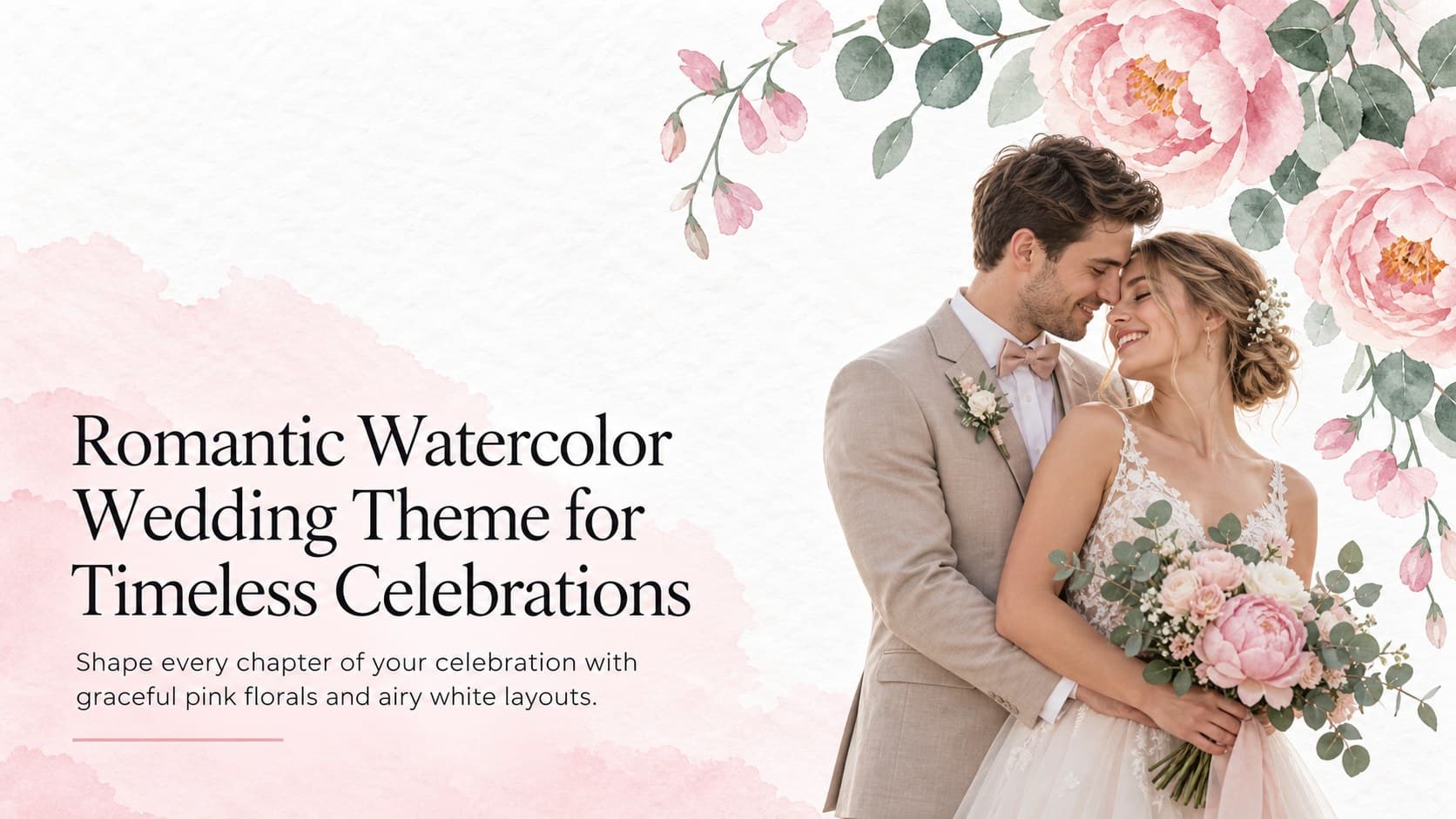 Cover for a romantic watercolor wedding theme with soft pink flowers, airy white space, and elegant celebration typography.