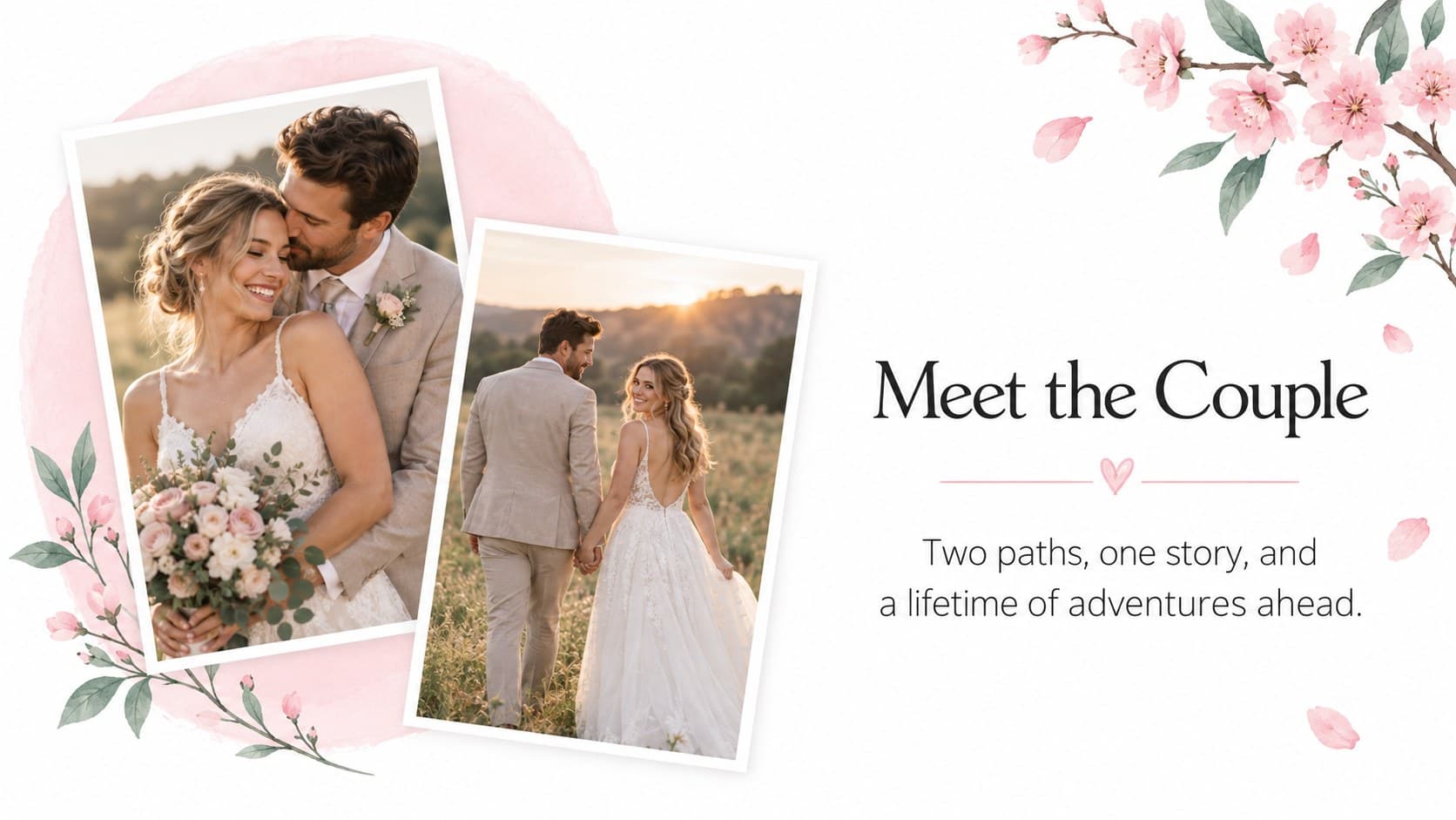 Watercolor wedding itinerary slide introducing the couple with two photo areas and a short love-story caption.