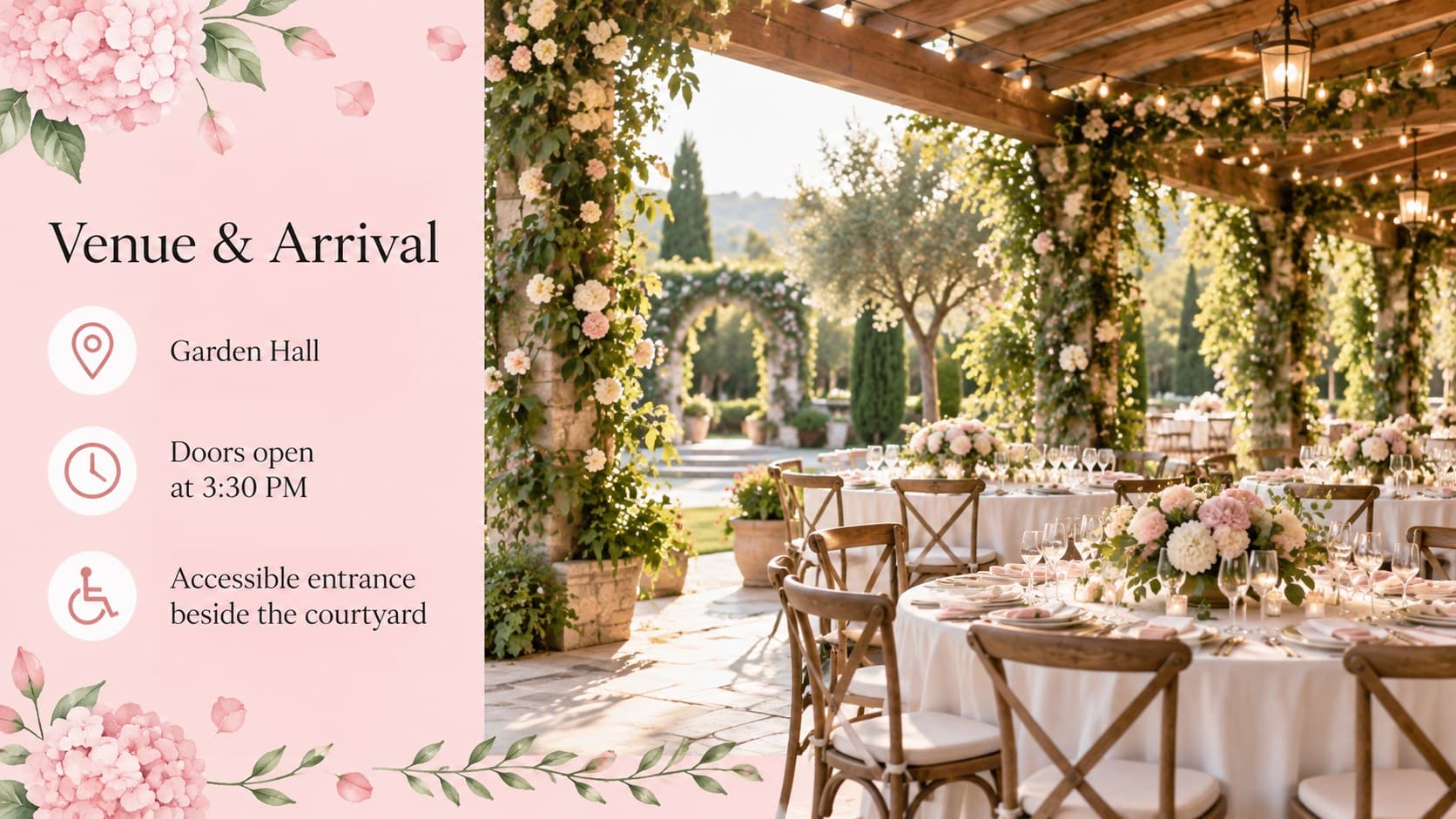 Minimal pink wedding presentation slide highlighting venue details, arrival guidance, and accessibility information.