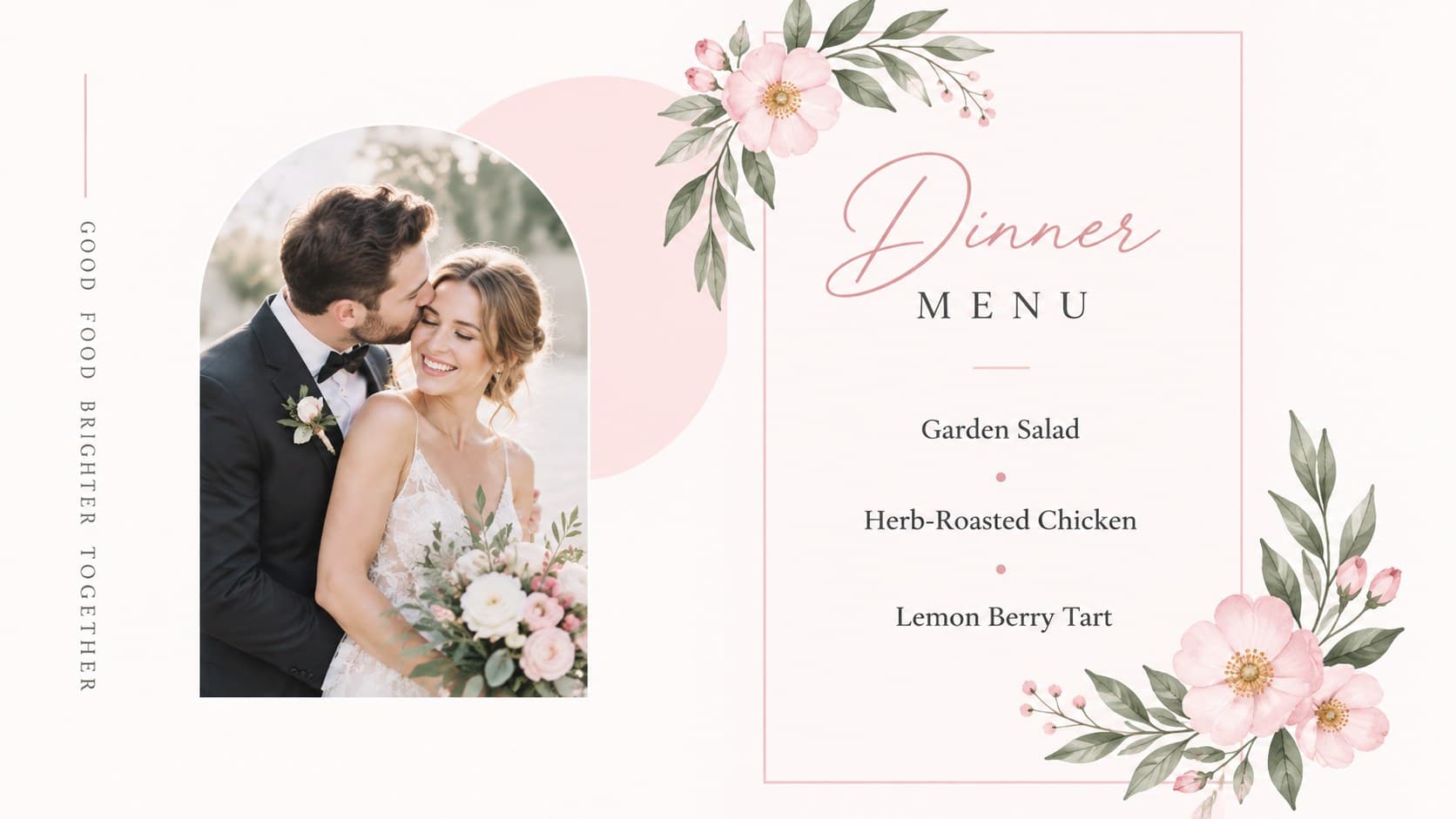 Wedding menu slide with an elegant three-course dinner list surrounded by understated pink watercolor botanicals.