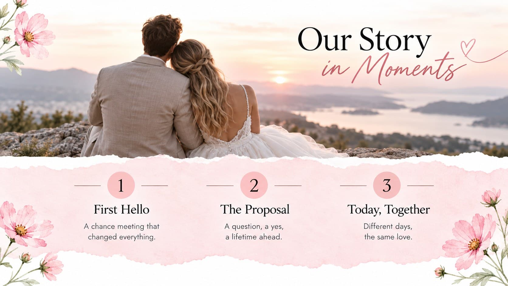 Editable wedding reception slideshow layout featuring a large couple photo and three memorable milestone captions.