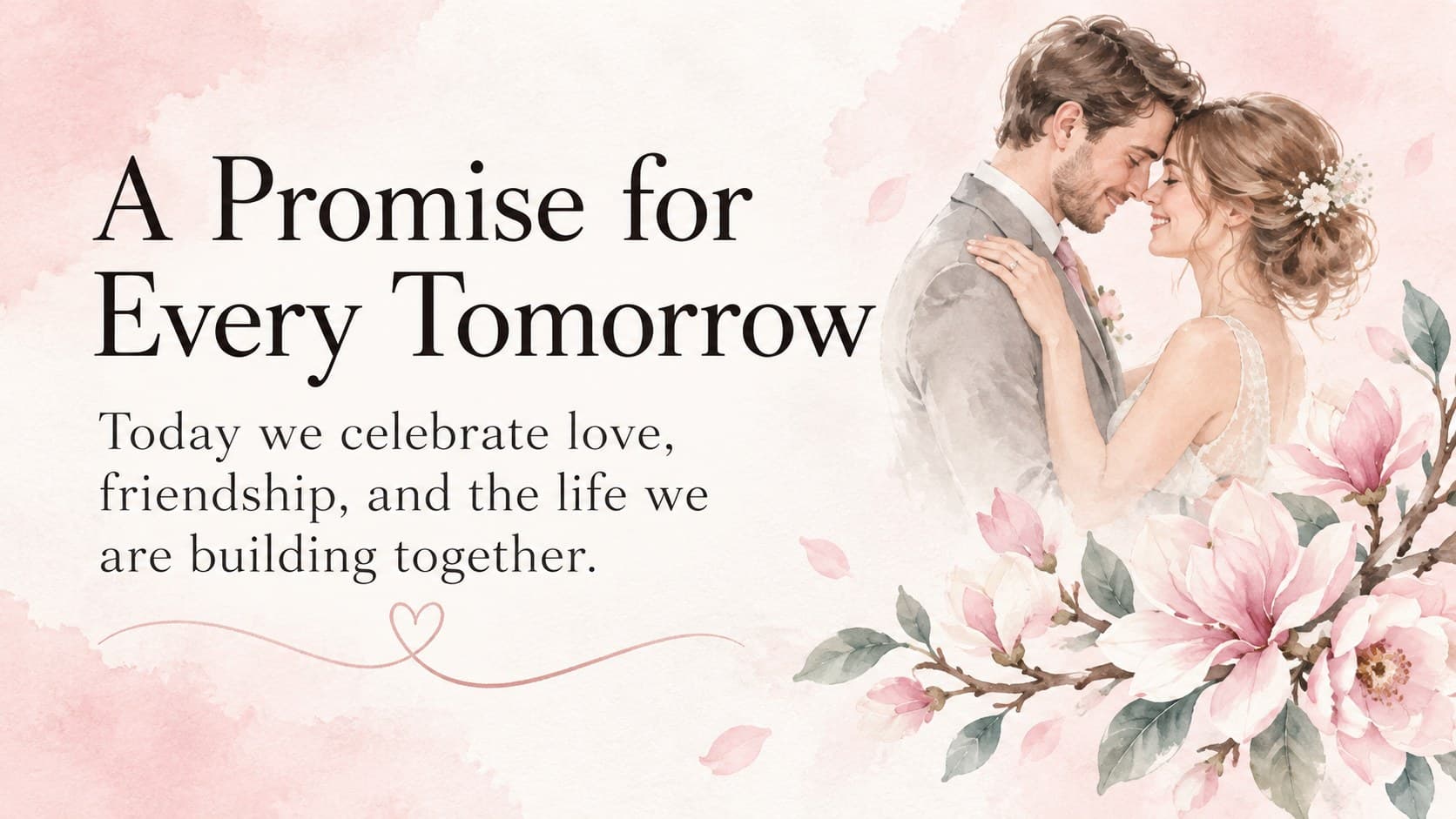 Elegant wedding welcome screen with a heartfelt quote, soft pink paint, and delicate watercolor flowers.