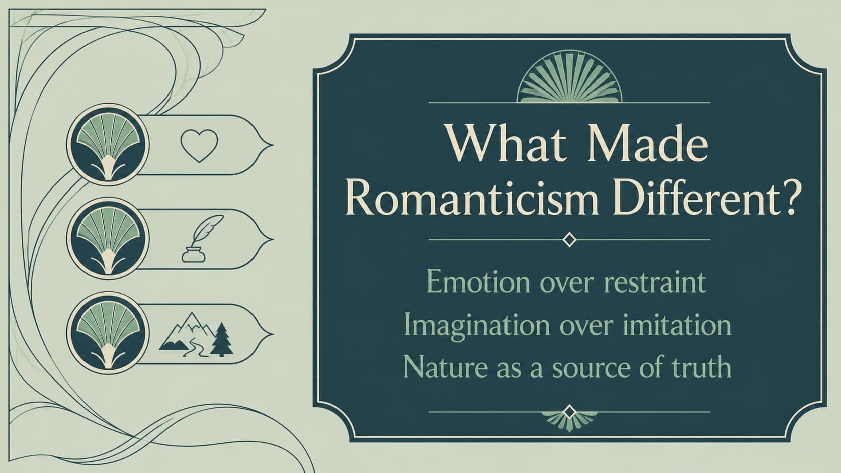 Romanticism art lesson slide defining the movement through emotion, imagination, and nature.