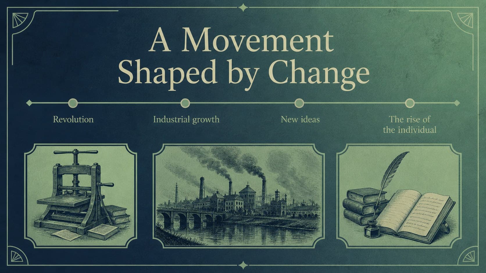 Romanticism history presentation slide mapping the movement’s cultural background on a decorative blue timeline.