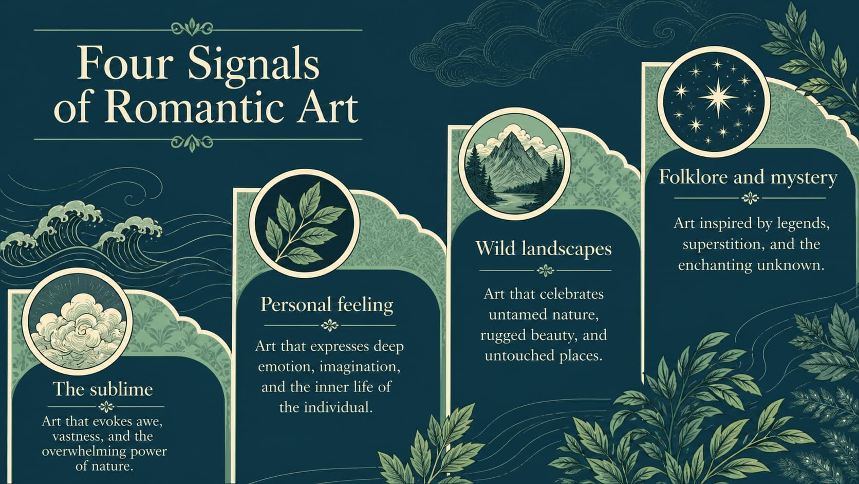 Romanticism lesson slide presenting key characteristics in a green-and-blue four-part visual layout.