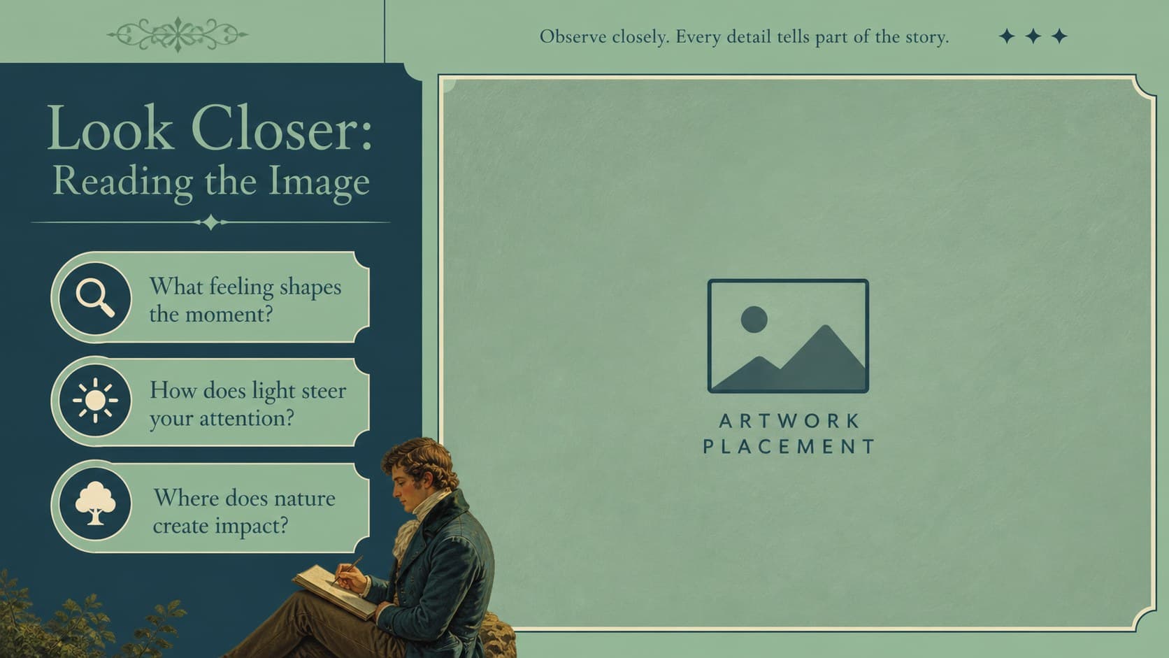 Romanticism artwork analysis slide with a large image area and prompts for examining mood and composition.