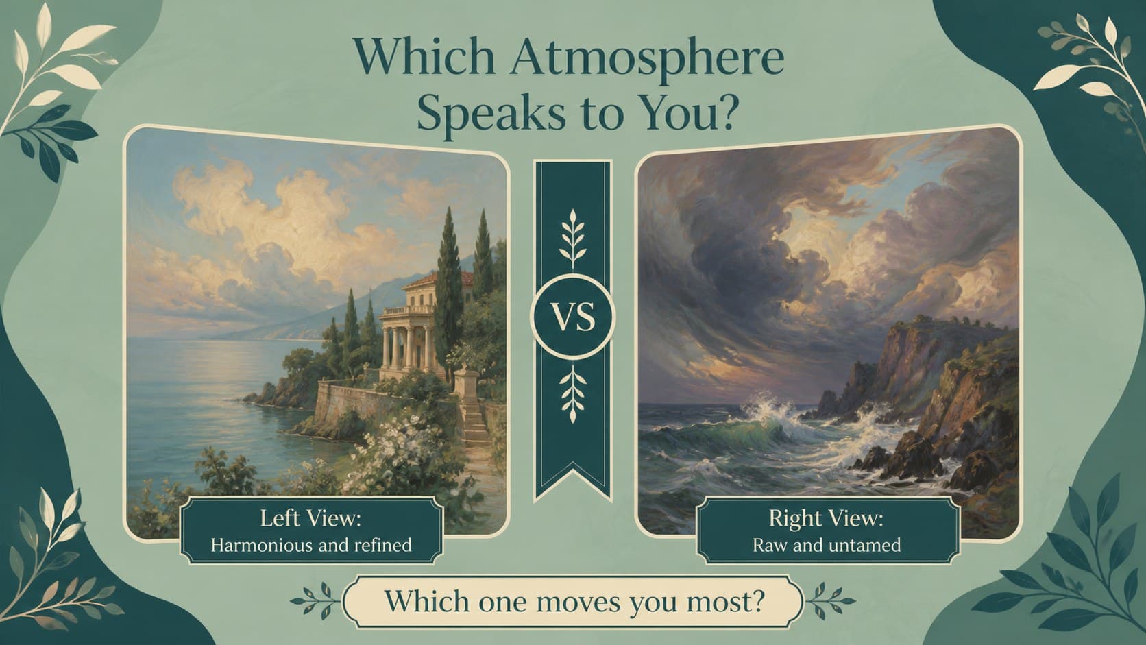 Romanticism artwork comparison slide contrasting two visual approaches with blue panels and green botanical details.