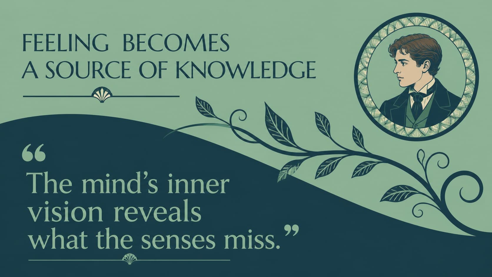 Romanticism art lesson quote slide featuring a large literary quotation and elegant blue floral ornament.