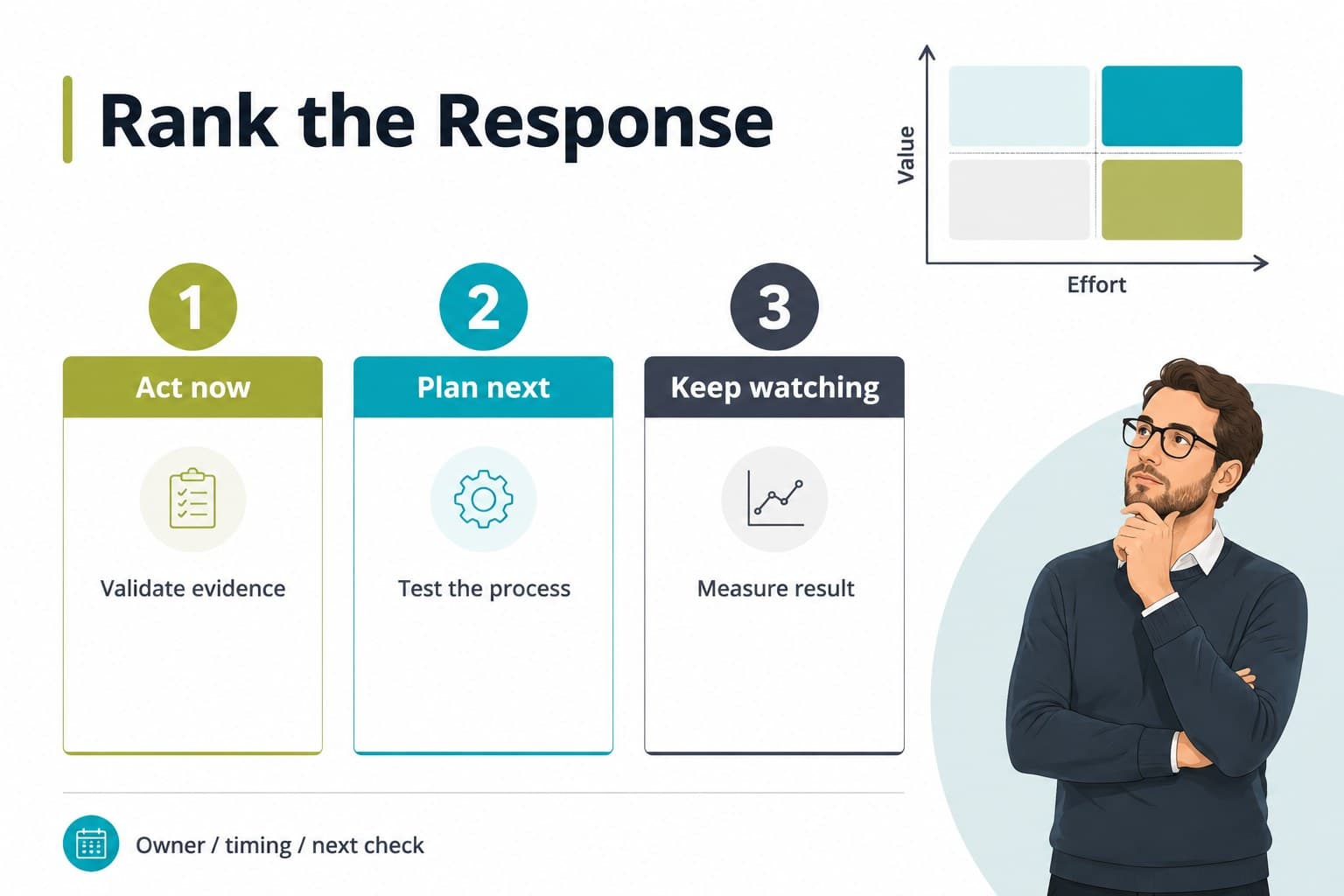 Project issue prioritization slide ranking actions by urgency, effort, and expected value.