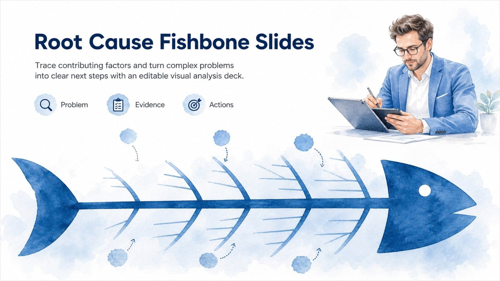Blue watercolor cover slide introducing a root cause fishbone slides deck for structured problem analysis.