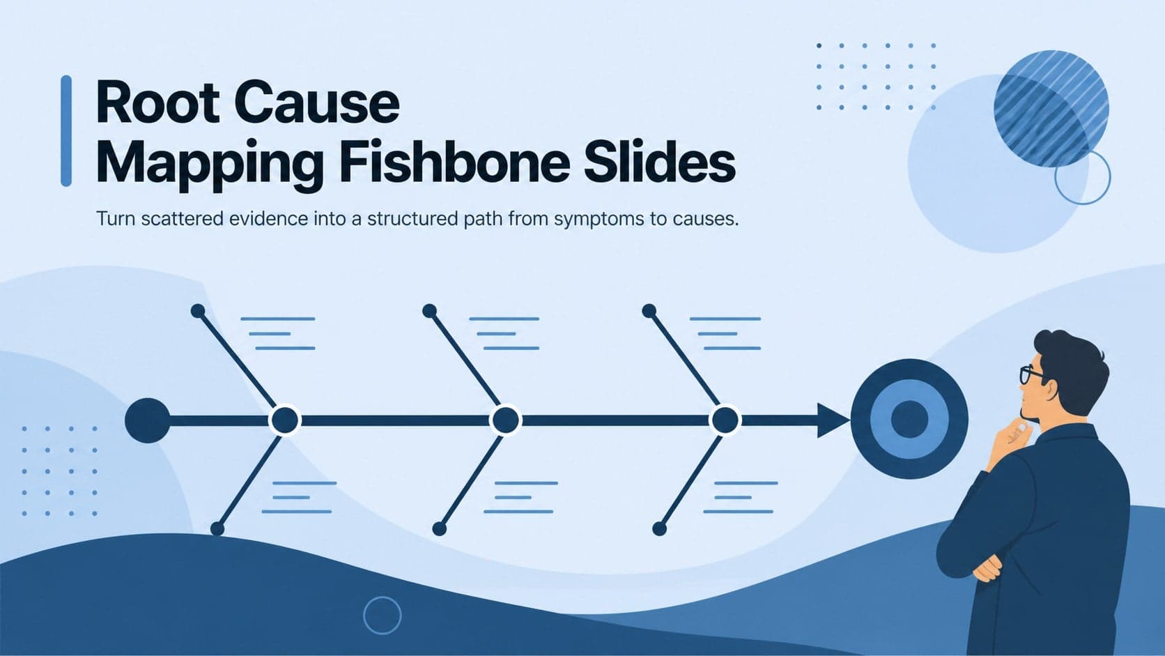Blue illustrated cover for Root Cause Mapping Fishbone Slides with a clean problem-analysis theme.