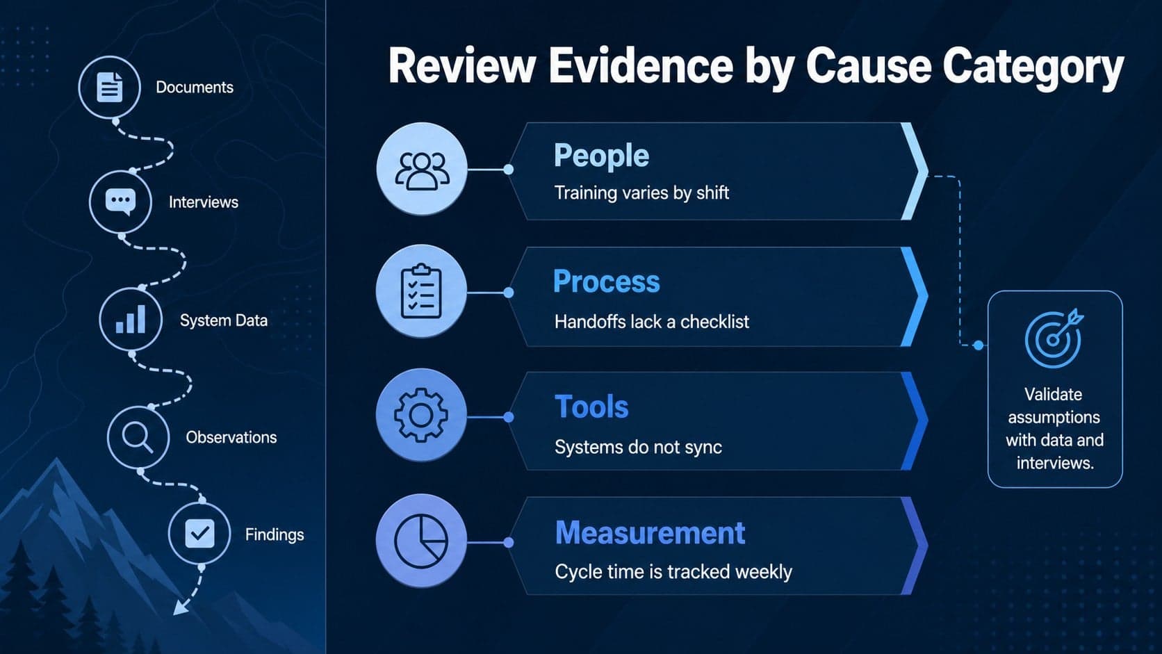 Cause and effect analysis slide grouping evidence by people, process, tools, and measurement.
