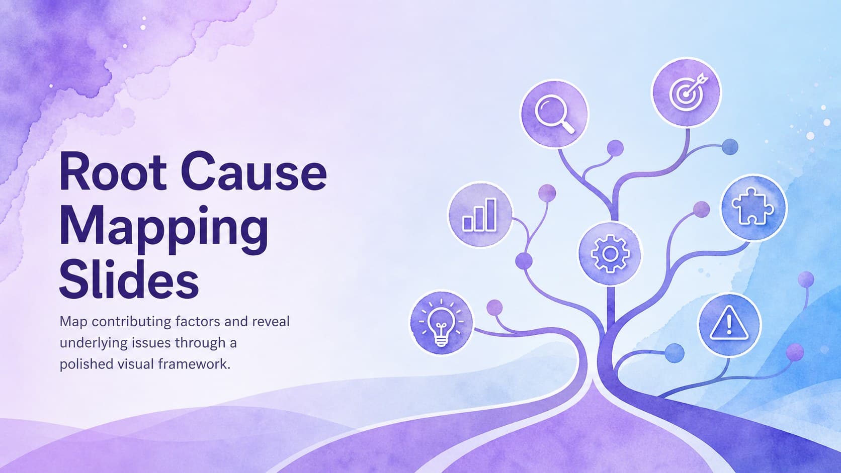 Cover for Root Cause Mapping Slides featuring a purple watercolor analysis motif and clean business typography.