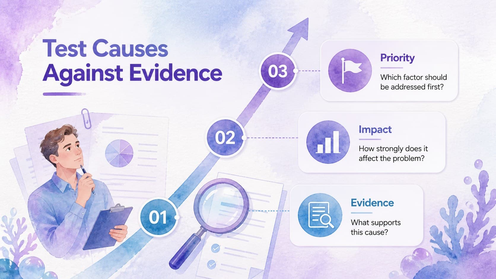 Cause and effect analysis slide comparing evidence, impact, and priority in a purple watercolor layout.