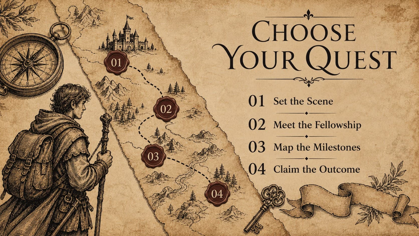 Vintage royal Google Slides theme agenda featuring four quest stages on an illustrated parchment map.