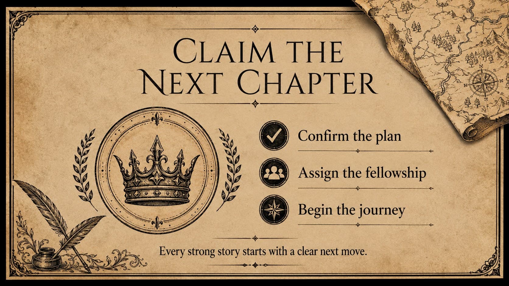 Medieval campaign pitch template closing slide with a crown seal, next-step checklist, and antique paper textures.