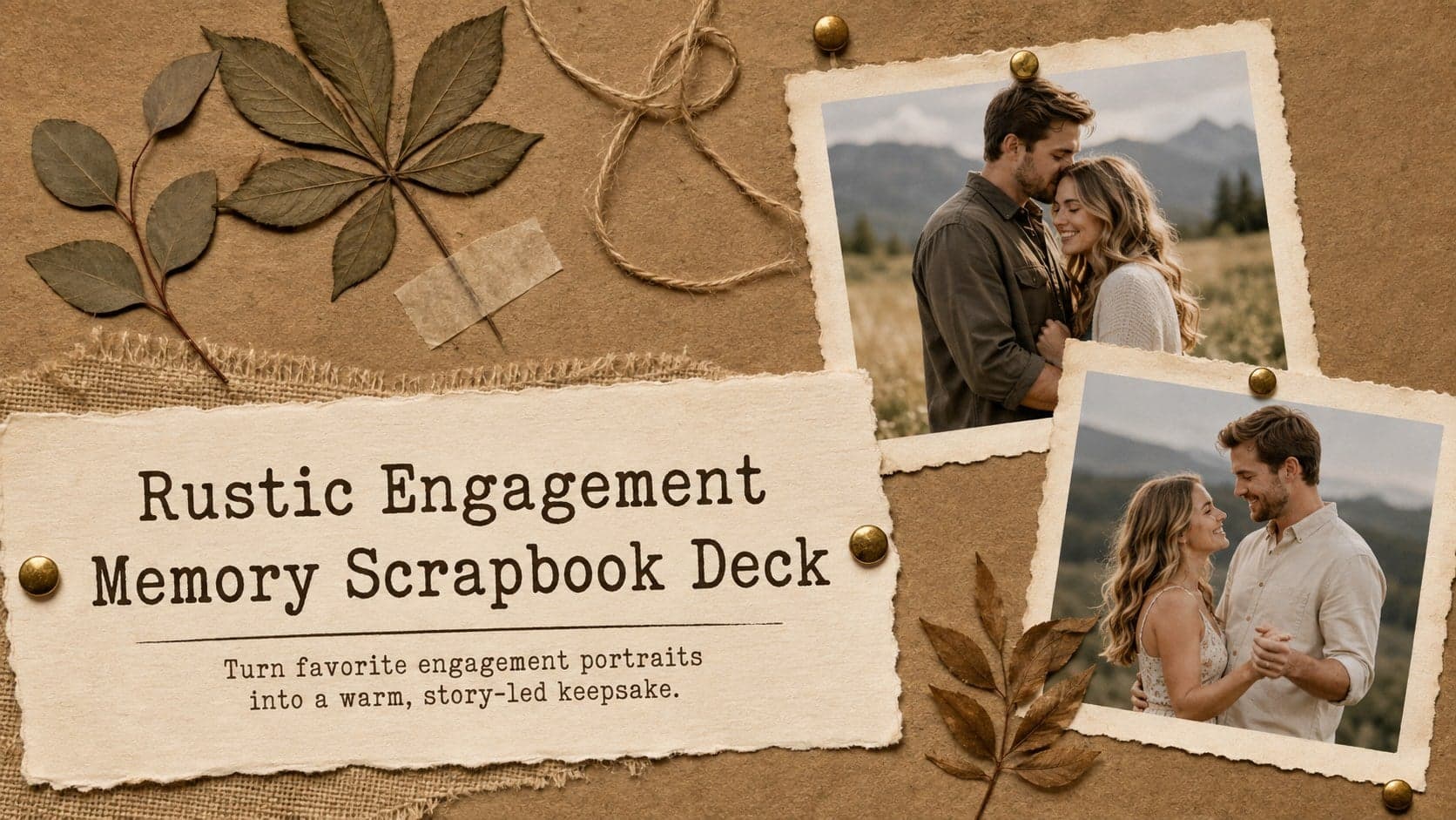 Cover of a rustic engagement memory scrapbook deck with layered couple photographs and warm brown paper details.