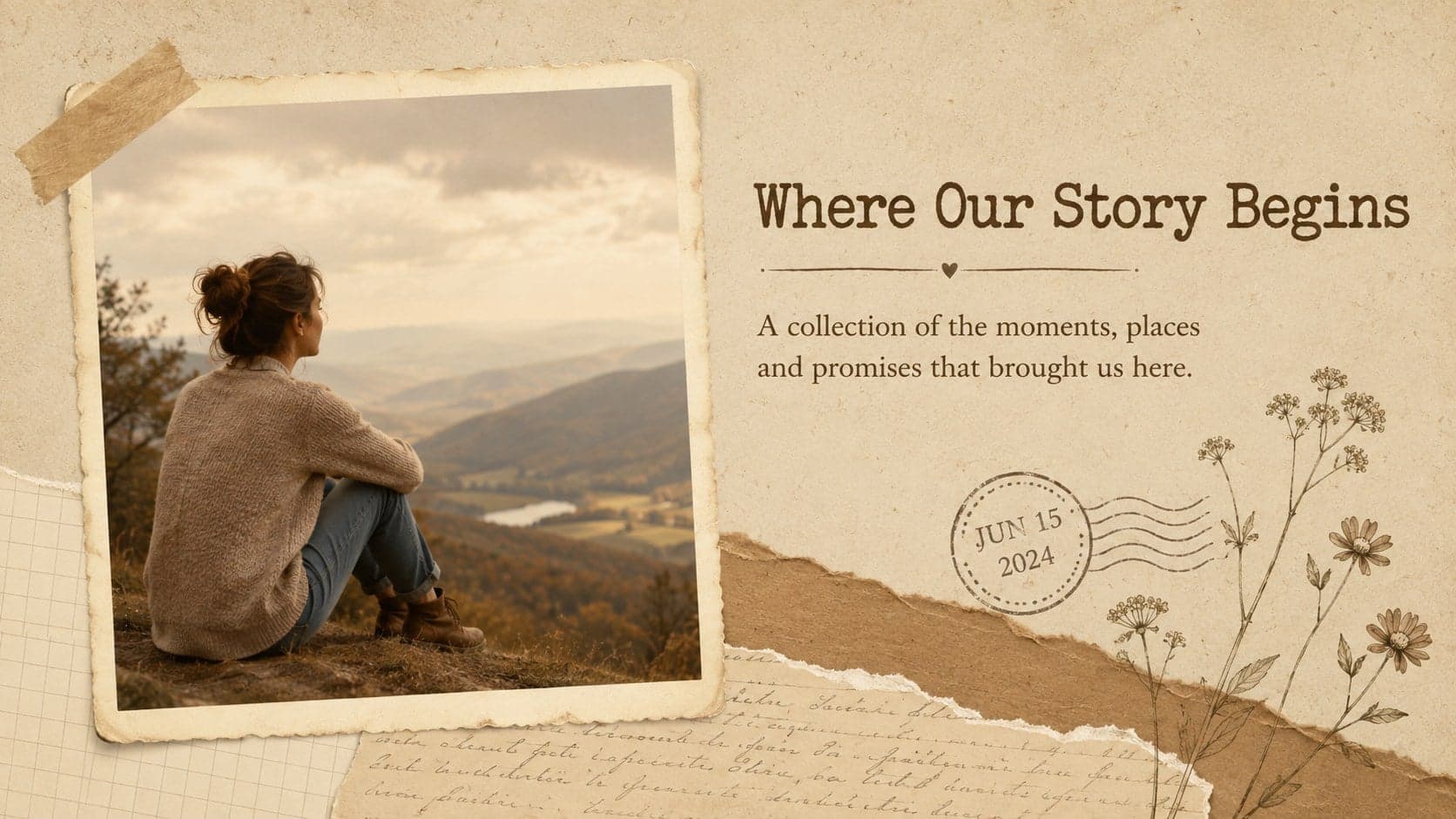 Scrapbook-style love story introduction slide featuring an engagement portrait and a short opening message.